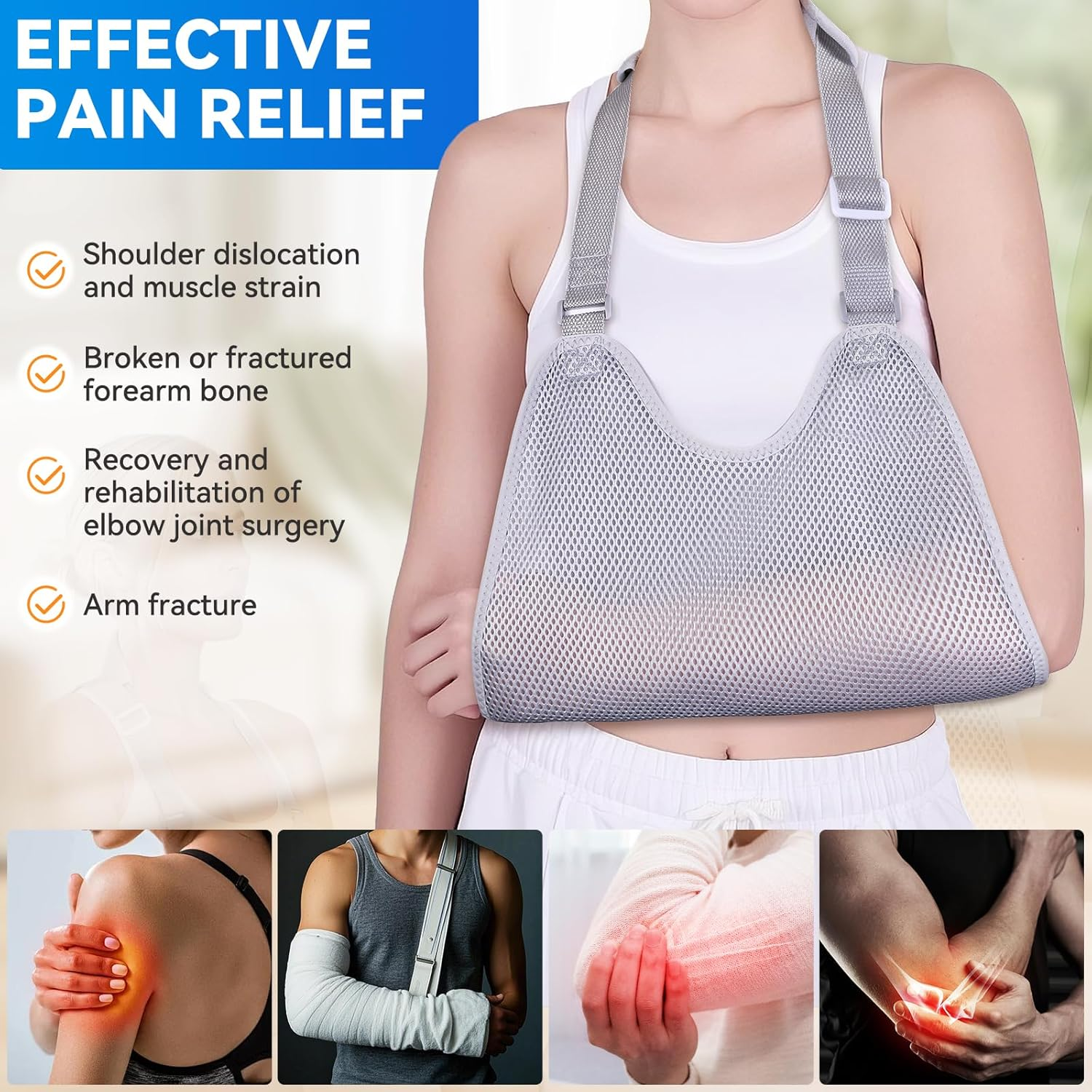 Mesh Arm Sling, Shoulder Immobilizer with Adjustable Shoulder Straps for Torn Rotator Cuff and Arm Injuries, Suitable for Both Right & Left Arm(Grey,L) image number 6