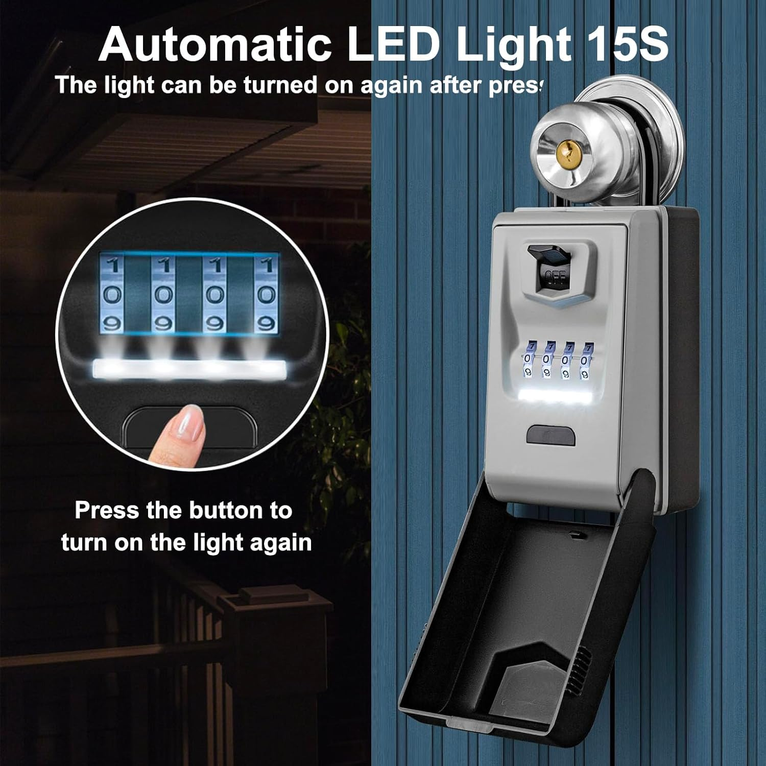 Afallz Key Lock Box with Light up Dials, Portable Wall Mount Key Storage Box with 4 Digit Resettable Code Combination& Slide Cover for Home Hotel School Company Spare Keys image number 4