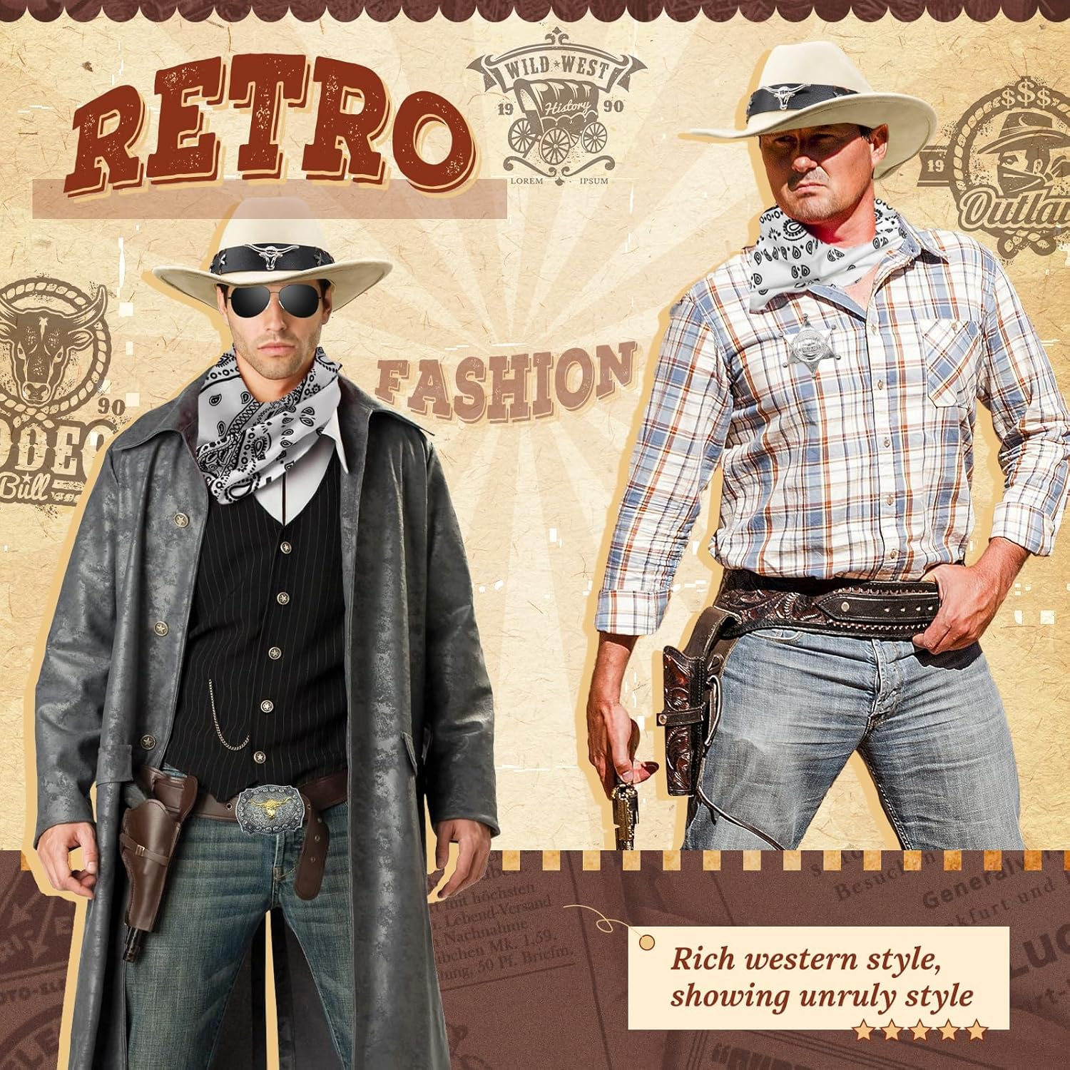 7-Piece Western Cowboy Costume Set, Cowboy Accessory Kit with Cowboy Hat, Sunglasses, Paisley Bandanas, Necklace, Badge, Bracelet for Men, Women, Halloween, Carnival Parties & Western Party