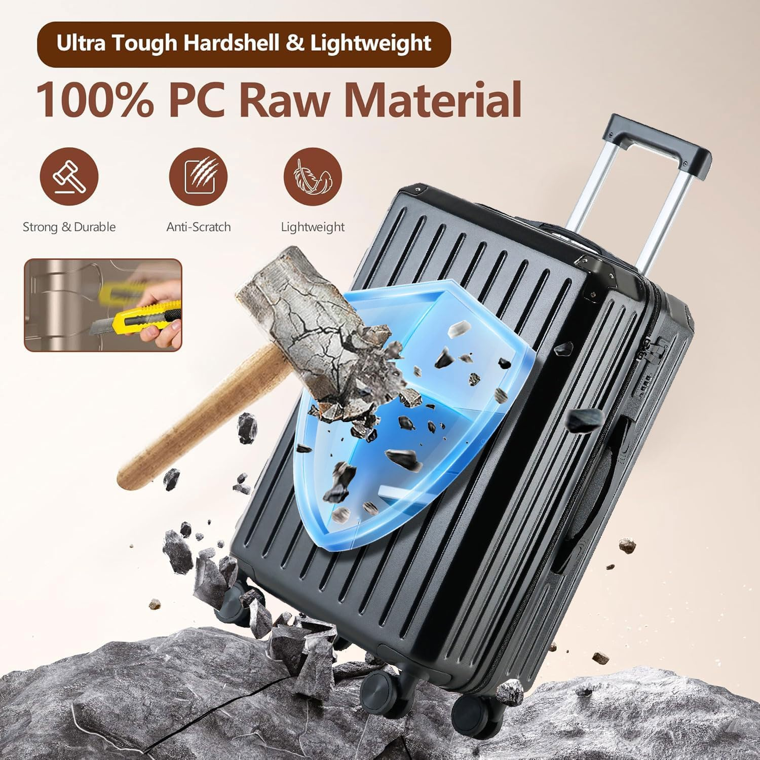 LIODUX 3 Piece Luggage Sets, 20/24/28In Expandable Hardshell Luggage, Hardside Lightweight Durable Carry on Suitcase Sets with Spinner Wheels and Two Hooks (Black)