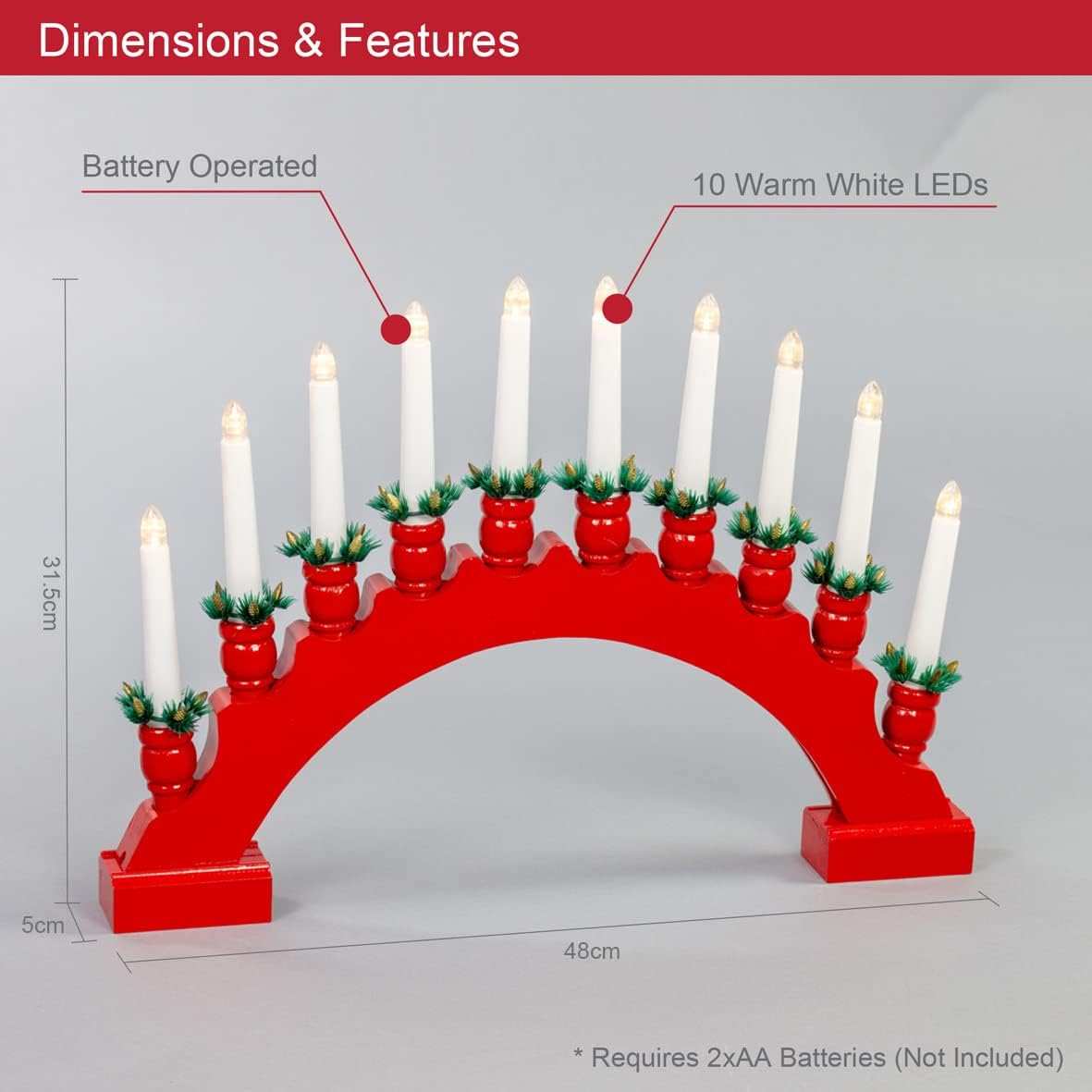 The Christmas Workshop 71169 Red Arched Wooden Candle Bridge with Candle Holders / 10 Warm White Leds/Indoor Christmas Decoration / 48Cm X 34.5Cm X 5Cm / Battery Powered image number 1