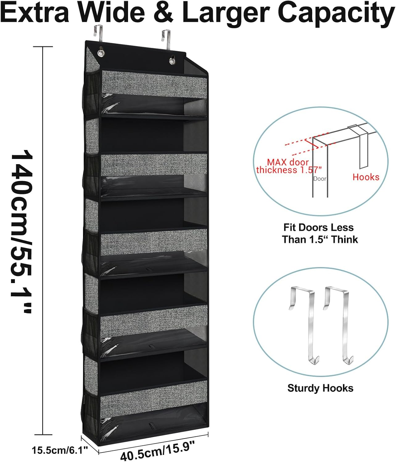 Over Door Organizer with 5 Large Pockets 10 Mesh Side Pockets, 5-Shelf Extra Large and Sturdy Hanging Storage Organizer for Pantry, Nursery (Black)