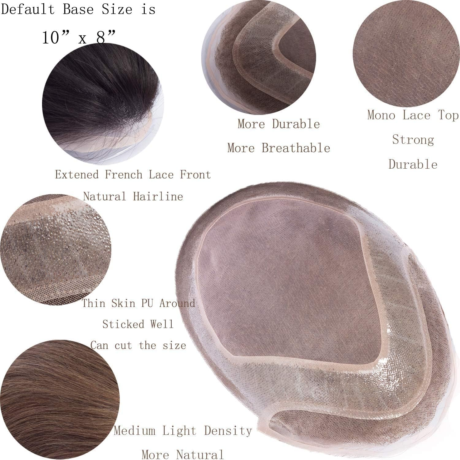 Lishy Toupee for Men Hair Pieces 100% European Virgin Human Hair Replacement System 10" X 8" Mono Lace with PU around and Swiss Lace Front Toupee Men Hair Piece 1B Mixed 60% Grey Hair - 1B Mixed 40 Grey Color image number 3