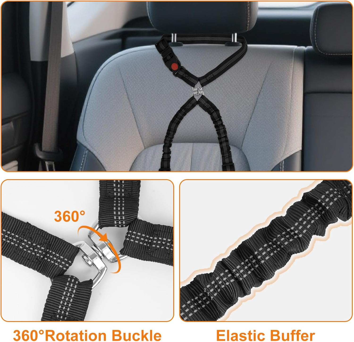 Double Dog Seat Belt for Car Travel - Dual Clip Adjustable Pet Safety Harness, Adjustable Nylon Strap Secures 2 Pets, 360&deg; No Tangle Dogs Cars Tethers with Reflective Strips, Black image number 3