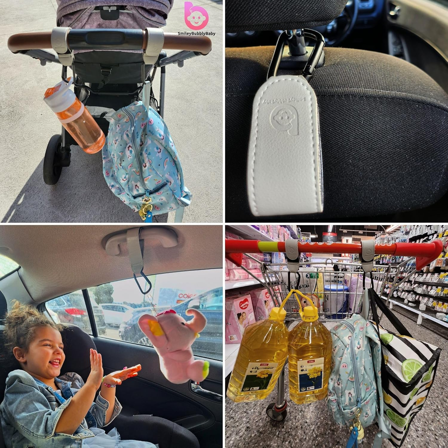 Universal Stroller Clips X2| Soft Vegan Leather Pram Hooks| Hang Your Shopping, Handbag and Baby Diaper Bags| (Grey) image number 1