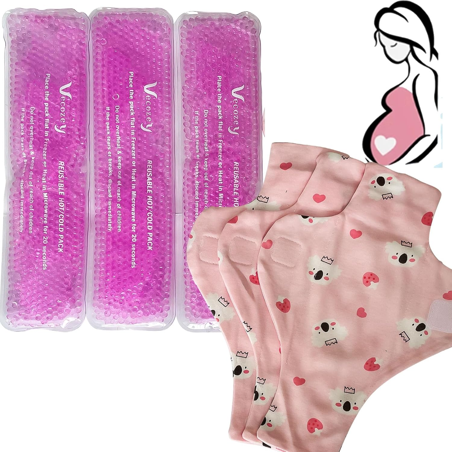 Vecozey 3 Perineal Ice Packs for Postpartum & Hemorrhoid Pain Relief, Reusable Hot & Cold Wraps for Women after Pregnancy and Delivery, Post Partum Essentials Cooling Pads & Washable Cotton Sleeves