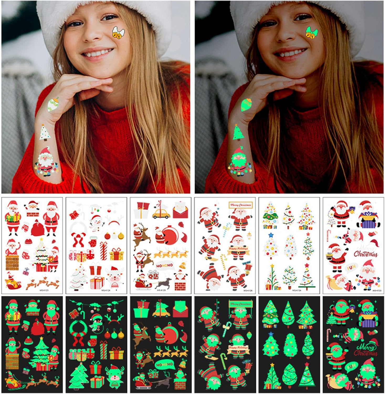 16 Sheets 210 Pieces Christmas Luminous Temporary Tattoos Stickers for Kids Adults, Cute Tattoo Decorations, Glow in the Dark Tattoos Waterproof Tattoos Stickers for Holiday Christmas Kids Gifts image number 6