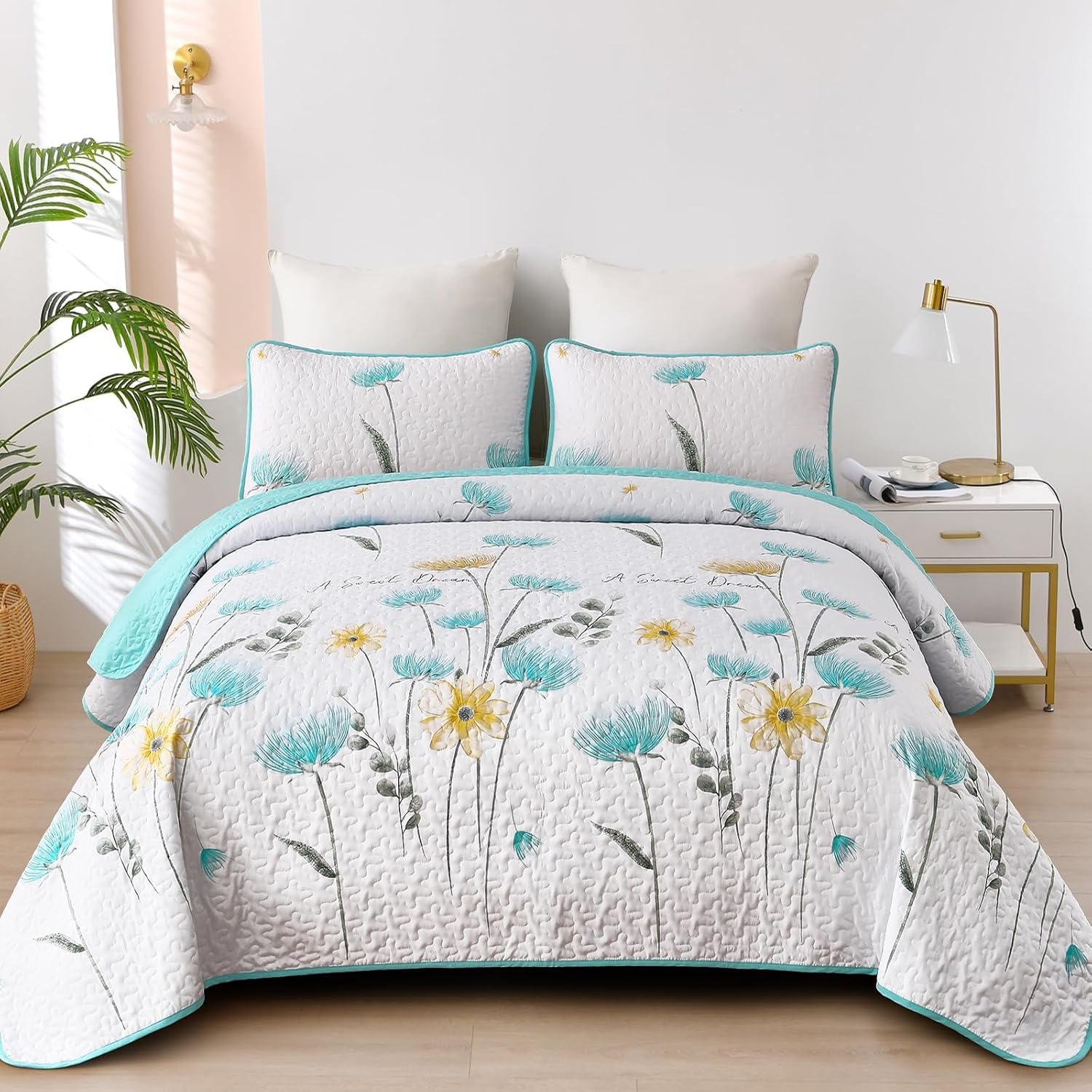 Floral Quilt Set Queen Size,Sage Green Bedspread Coverlet Botanical 3 Pieces Fall Quilts Microfiber Lightweight Bedspreads White Soft Reversible Bed Cover Sets for All Season(Queen, 90"X96")