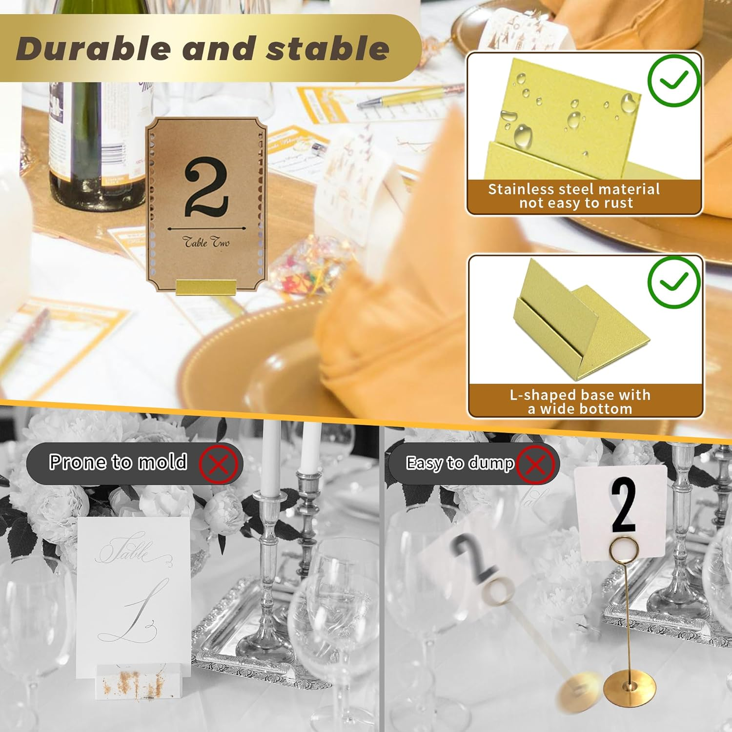 ORNAROVI 12 PCS Gold Table Card Holders, Metal Table Number Stands, L-Shaped Placecard Holders for Table Price Tags Food Signs, Vintage Number Holder for Wedding Reception (Gold) image number 5