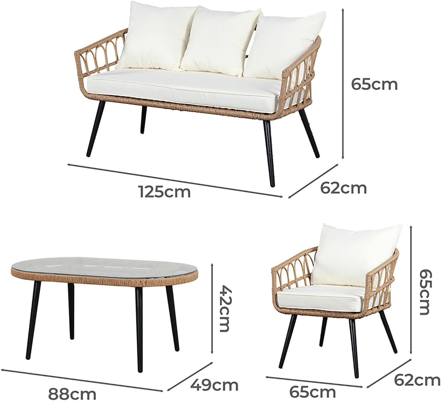 Levede 4PCS Outdoor Furniture Setting Patio Garden Table Chair Set Wicker Lounge, Balcony PE Rattan Conversation Sets with Back Seat Cushion Tempered Glass for Backyard, Poolside image number 3