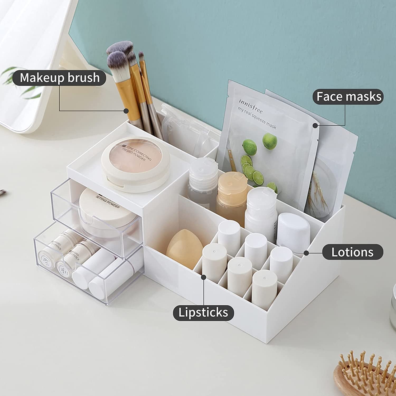 NWK Desk Makeup Organiser with Brush Holder, Skincare Cosmetic and Perfume Storage, Bathroom Organiser for Lipsticks, Nail Care, Jewelry, Office, 2 Drawers and 11 Compartments (White)