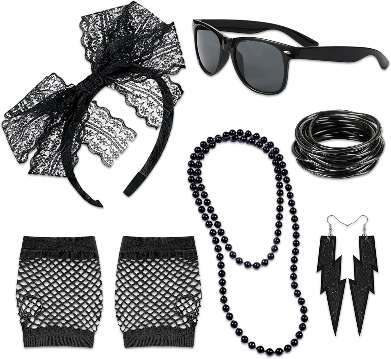 JIEYUMAO 80S Accessories, 6Pcs 80S Costume Accessories for Women, Fancy Dress Accessories with Lace Headband Earrings Fishnet Gloves Necklace Bracelet Black Glasses for Theme Party