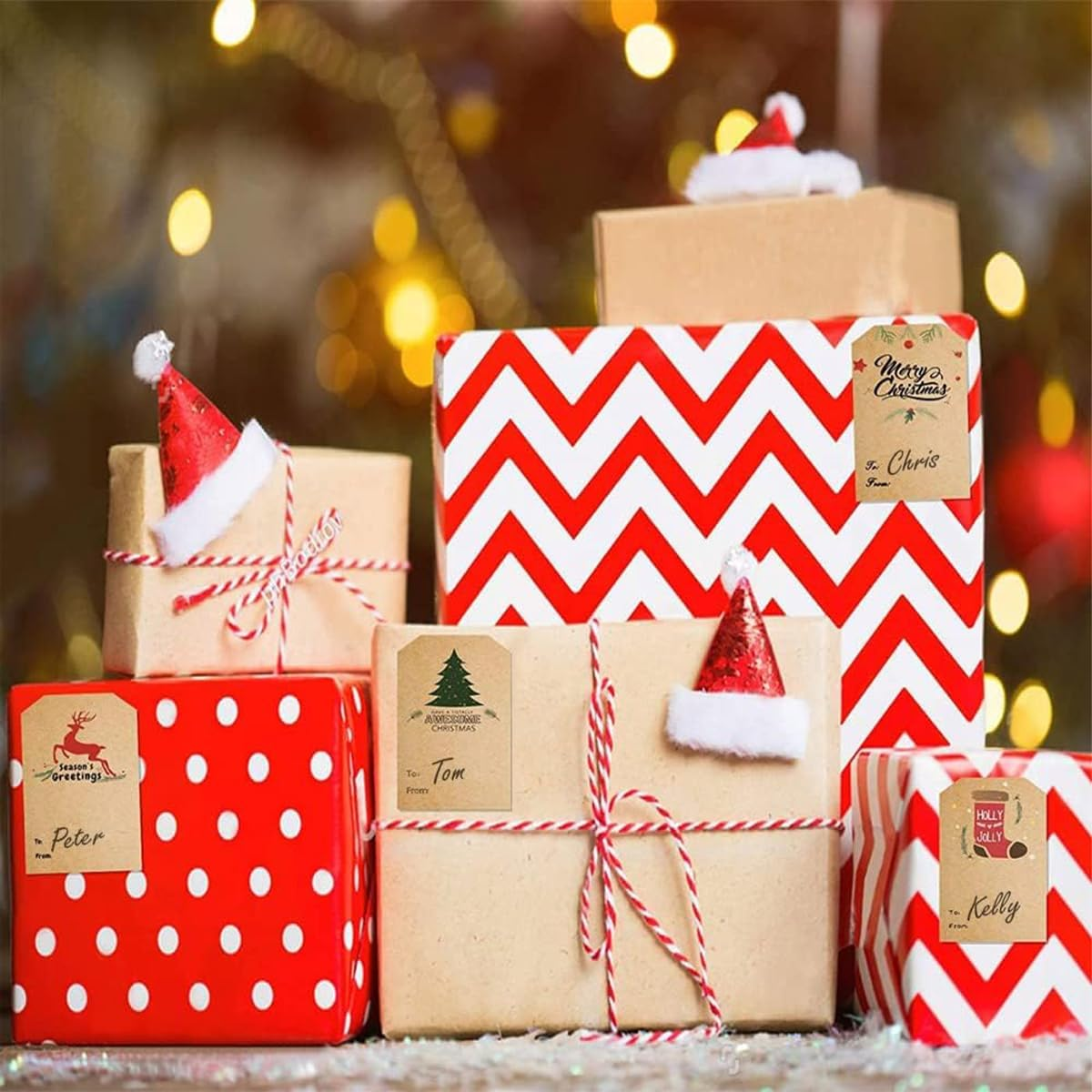300Pcs Christmas Stickers,2 * 3 Inch Adhesive Kraft Labels Self Adhesive Gift Tags,Writable Christmas Stickers Label Tags for Gift Wrapping,Decoration,Greeting Cards image number 4