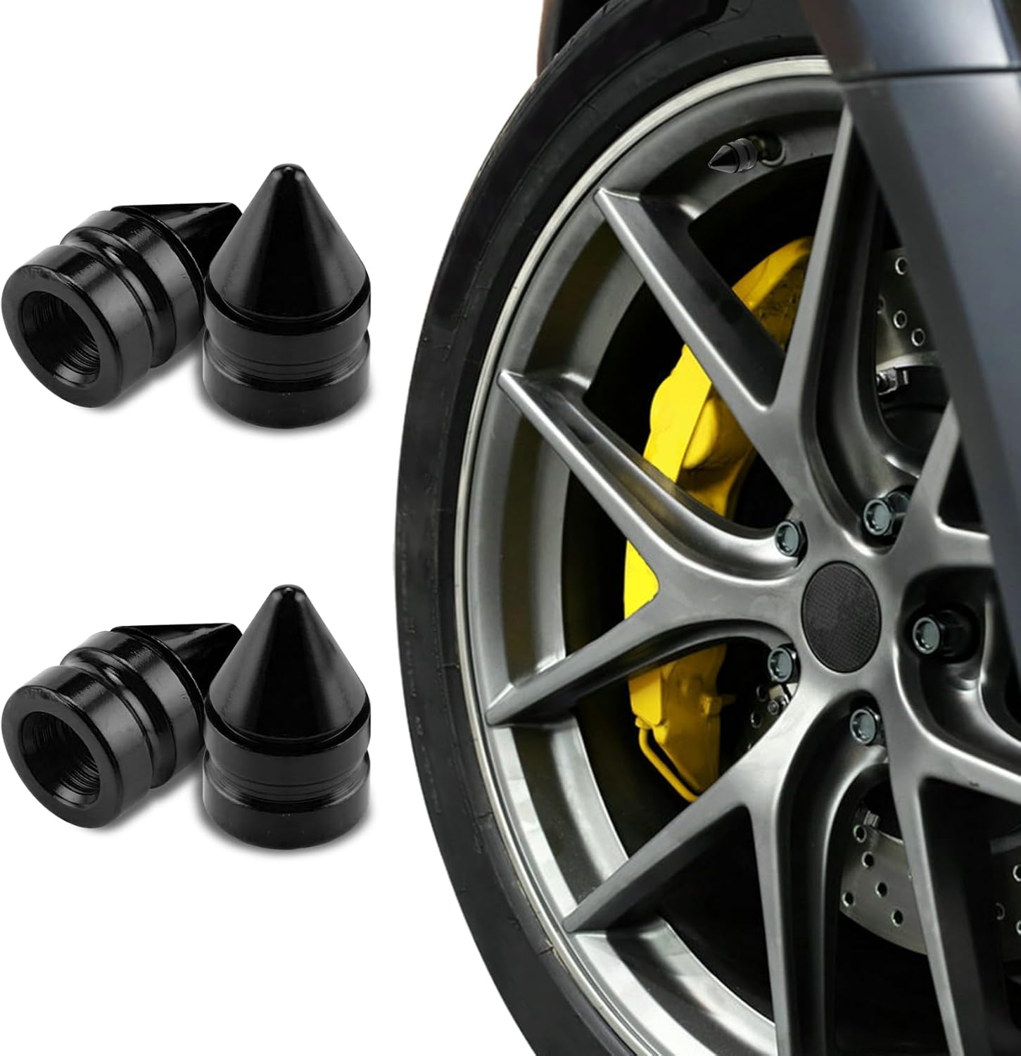 4PCS Tire Valve Caps, Tire Valve Stem Caps, Spiked Aluminum Stem Valve Caps with Plastic Liner Corrosion Resistant Leak-Proof, Universal Car Accessories Universal for All Vehicles (Gold)