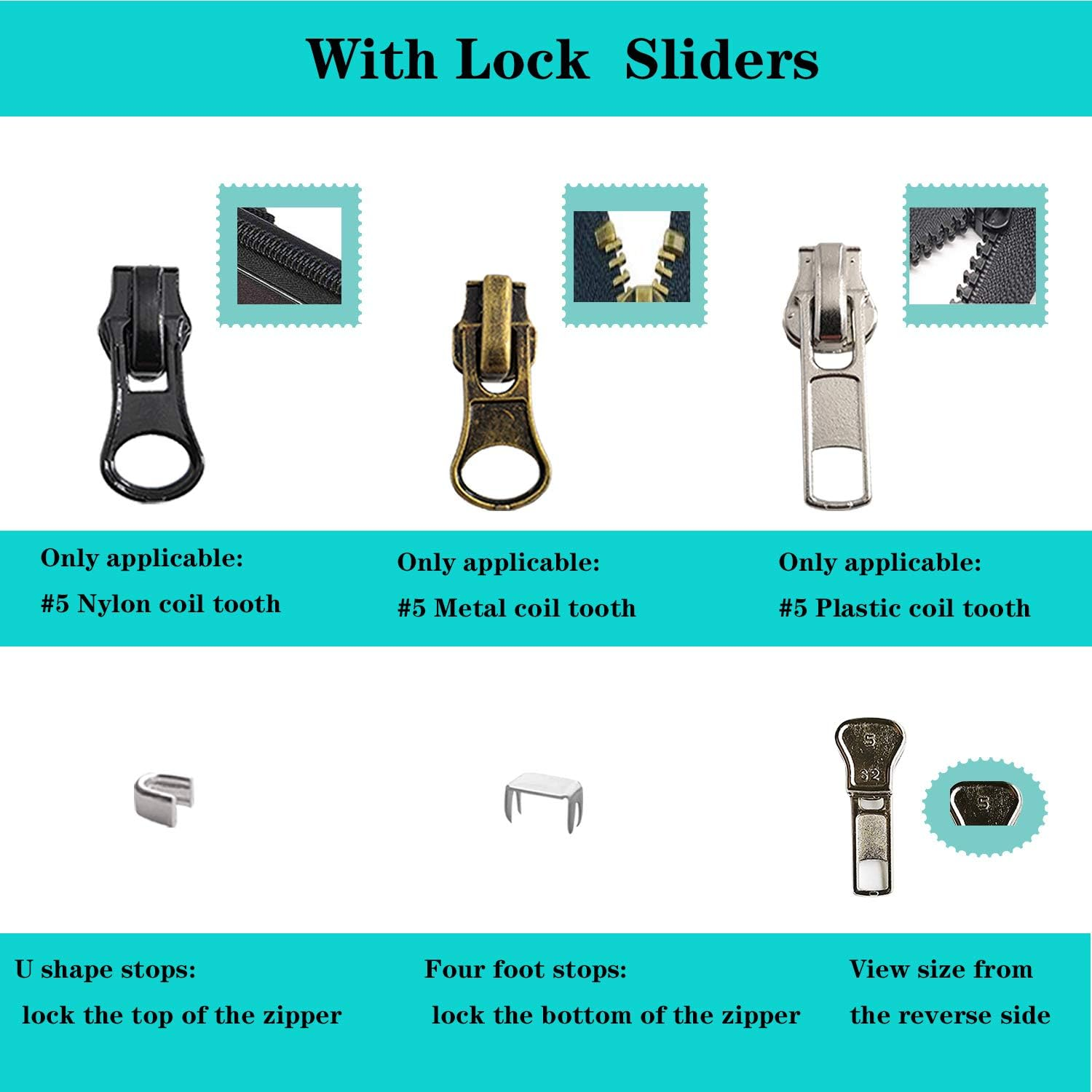 Meikeer 12-Piece 5 Zipper Slider Repair Kit - Black, Bronze, Silver (Metal) for Metal, Plastic & Nylon Coil Zippers image number 1