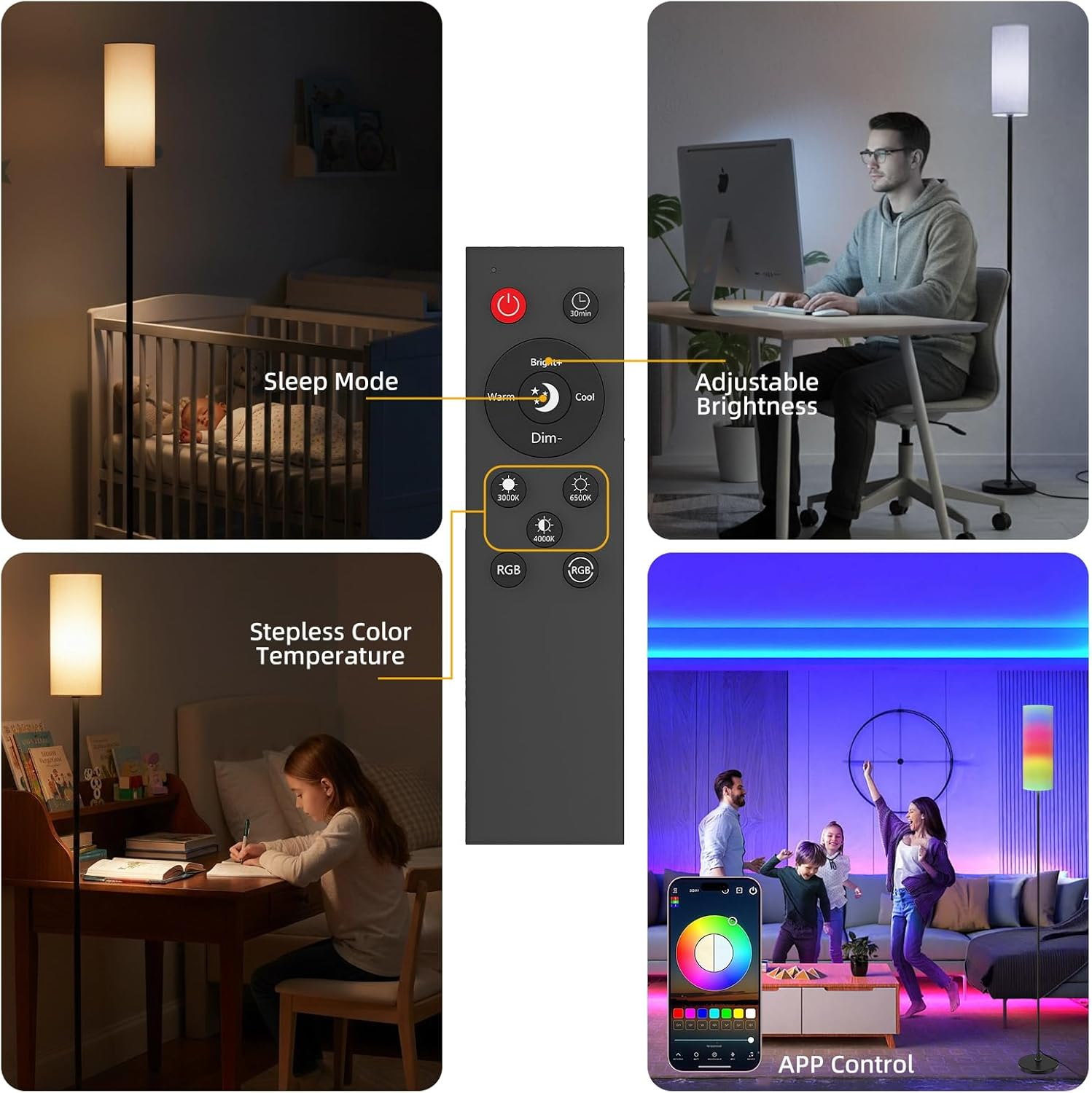 RGB Floor Lamp for Living Room, Modern Floor Lamp with Remote - 3 Color Temperature LED, Foot Switch, 9W RGB LED Bulb for Bedroom Office Kid Room, Warmth & Colourfulness image number 4