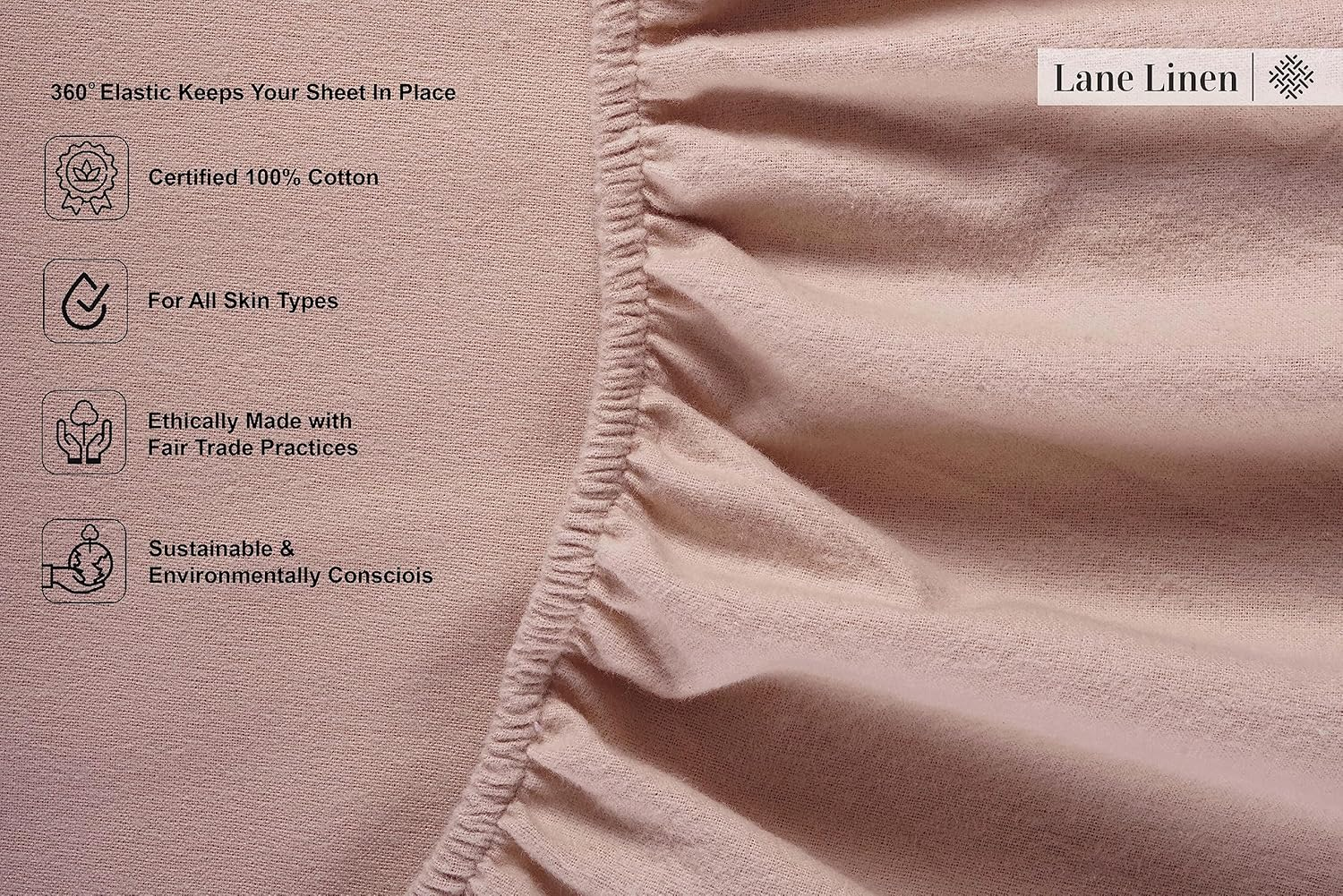LANE LINEN 100% Cotton King Size Bed Sheets Set - Brushed for Extra Softness - Lightweight 100% Cotton Sheets King Size Set - Warm & Cozy Flannel Cotton Bed Sheets, 15" Deep Pocket - Sepia Rose image number 3