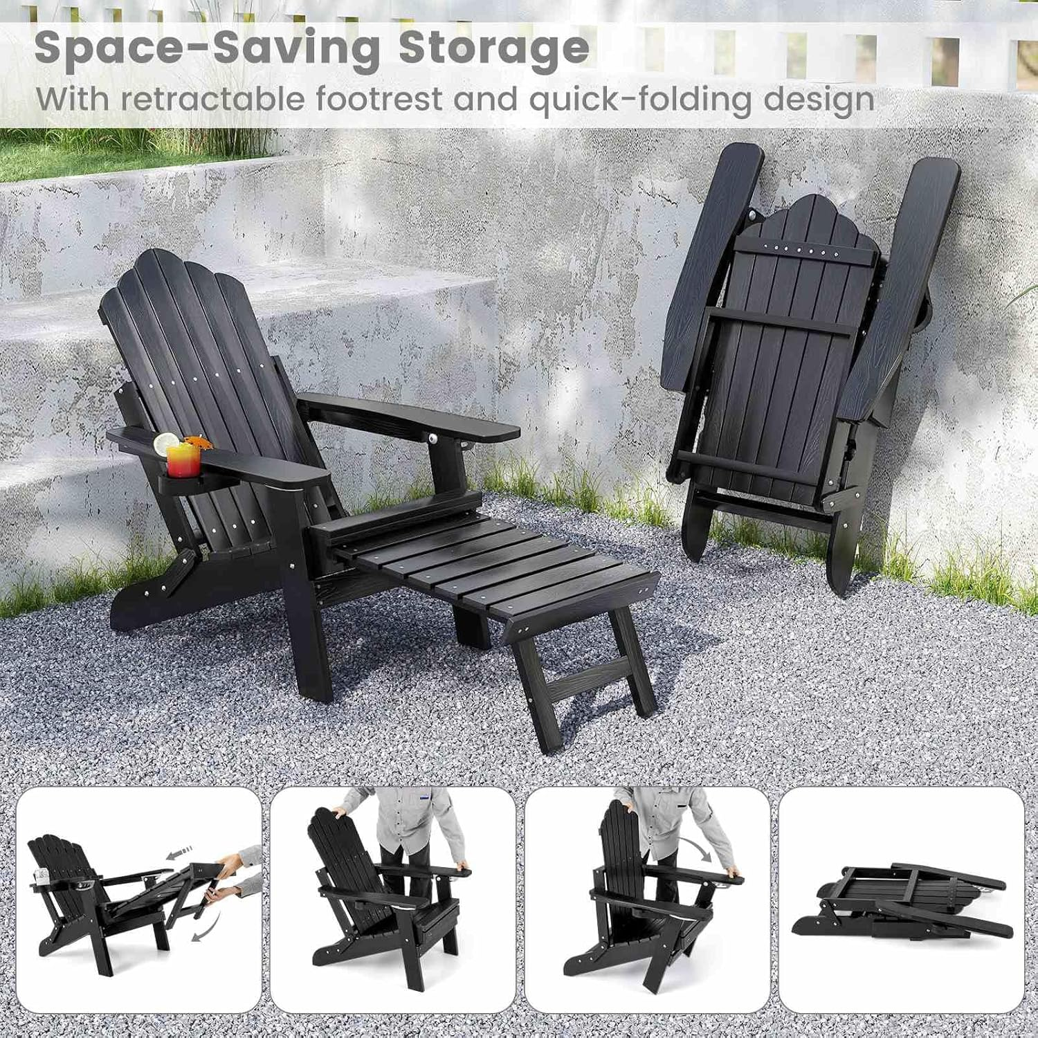 Costway Patio Adirondack Chair, All-Weather HIPS 180Kg Loaded Lounge Chair W/Retractable Footrest & Adjustable Backrest, Outdoor Folding Adirondack Chaise Lounge for Lawn, Backyard (Black) - Black-2 Packs image number 2