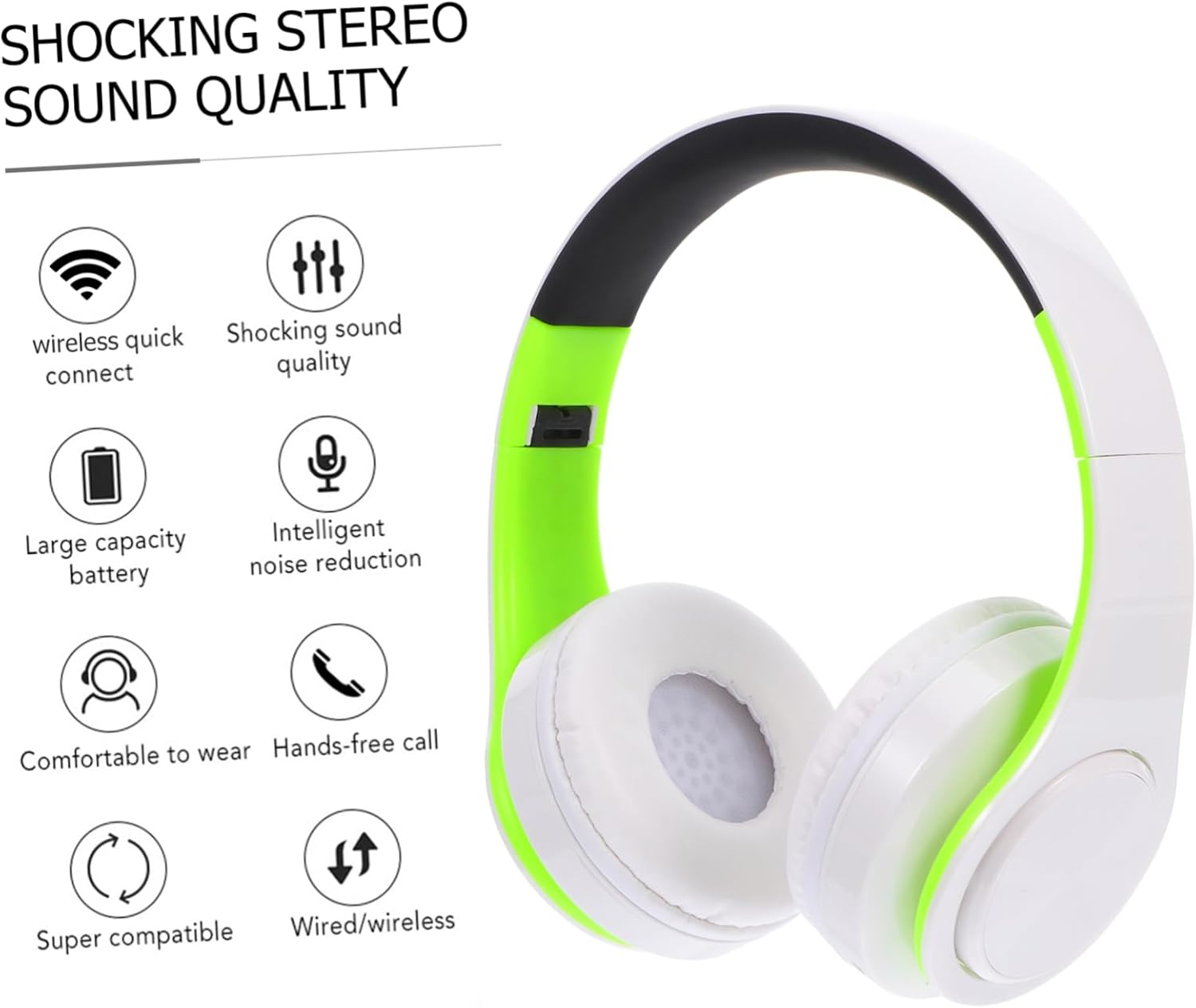 Didiseaon Wireless Foldable Over-Ear Headset Adjustable, Stereo Sound, Noise Reduction for Sports and Travel, Green and White Wireless Headphones