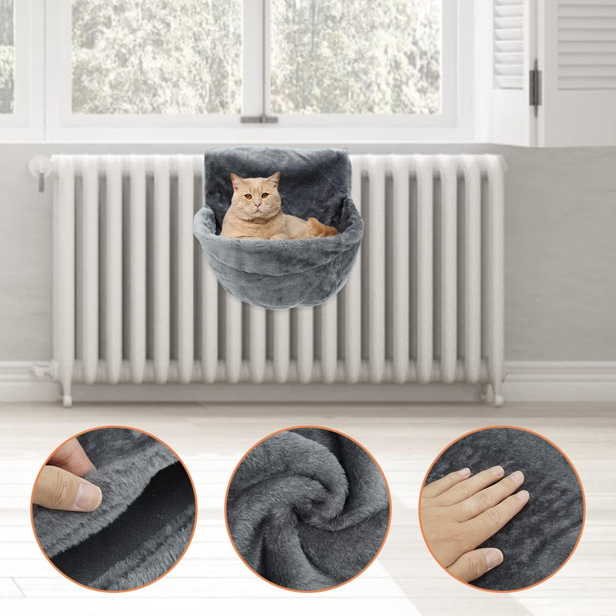 Plush Radiator Cat Hanging Bed - round Cosy Warm Fleece Hammock for Small Pets, Kittens, Puppies - Easy to Assemble (Grey) image number 6