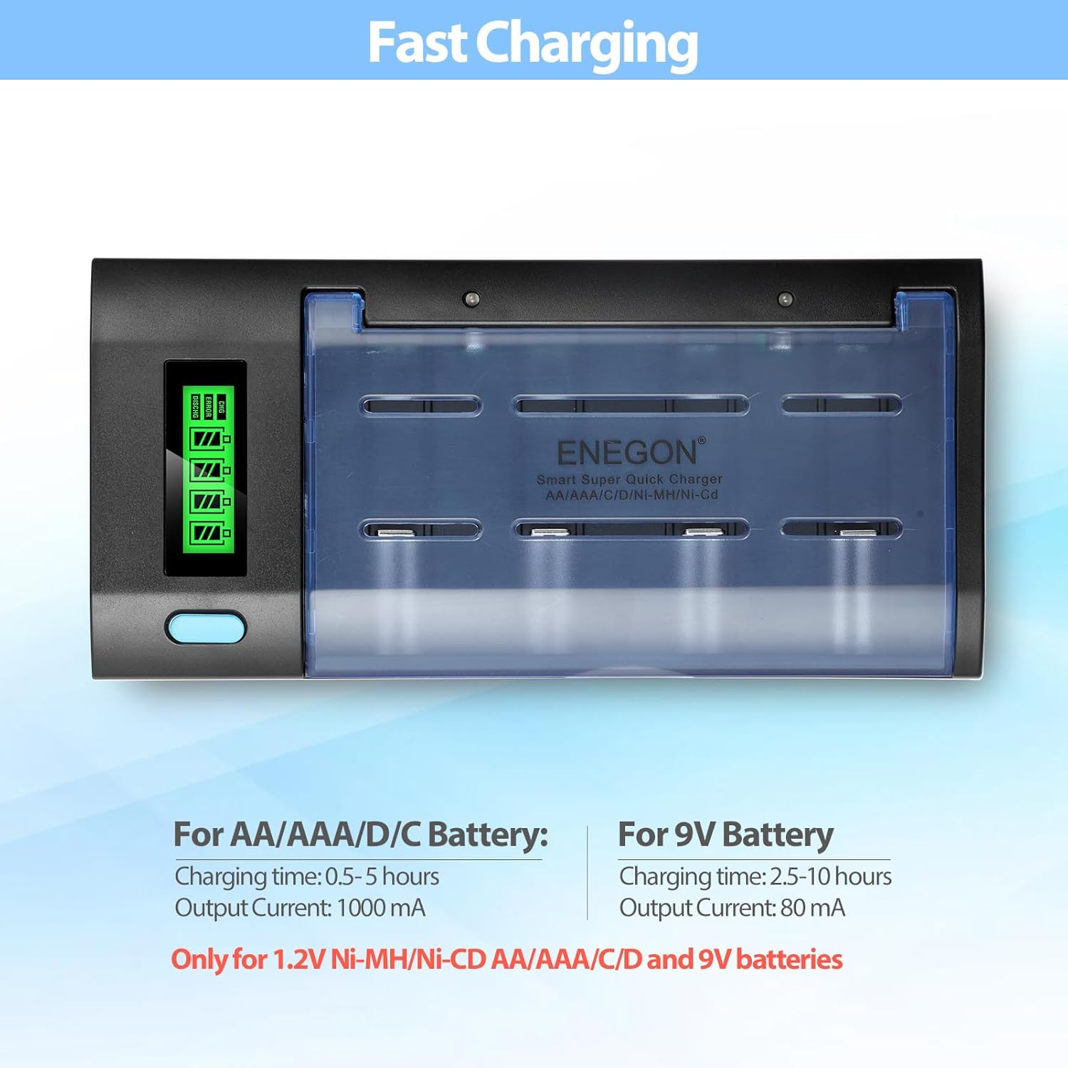 ENEGON Smart Multi-Function Fast Battery Charger for AA AAA C D 9V Rechargeable Batteries with Micro-Usb and USB-C Input, LCD Display (Ni-Mh Ni-Cd Rechargeable Battery) image number 5