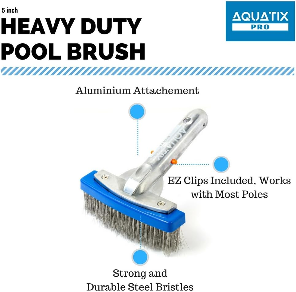 Aquatix Pro Heavy Duty Pool Brush, Durable 5" Swimming Pool Cleaner Brush Best for Tackling Stubborn Stains, Aluminium Handle & Stainless Steel Bristles, Suitable for Concrete & Gunite Pools. image number 2