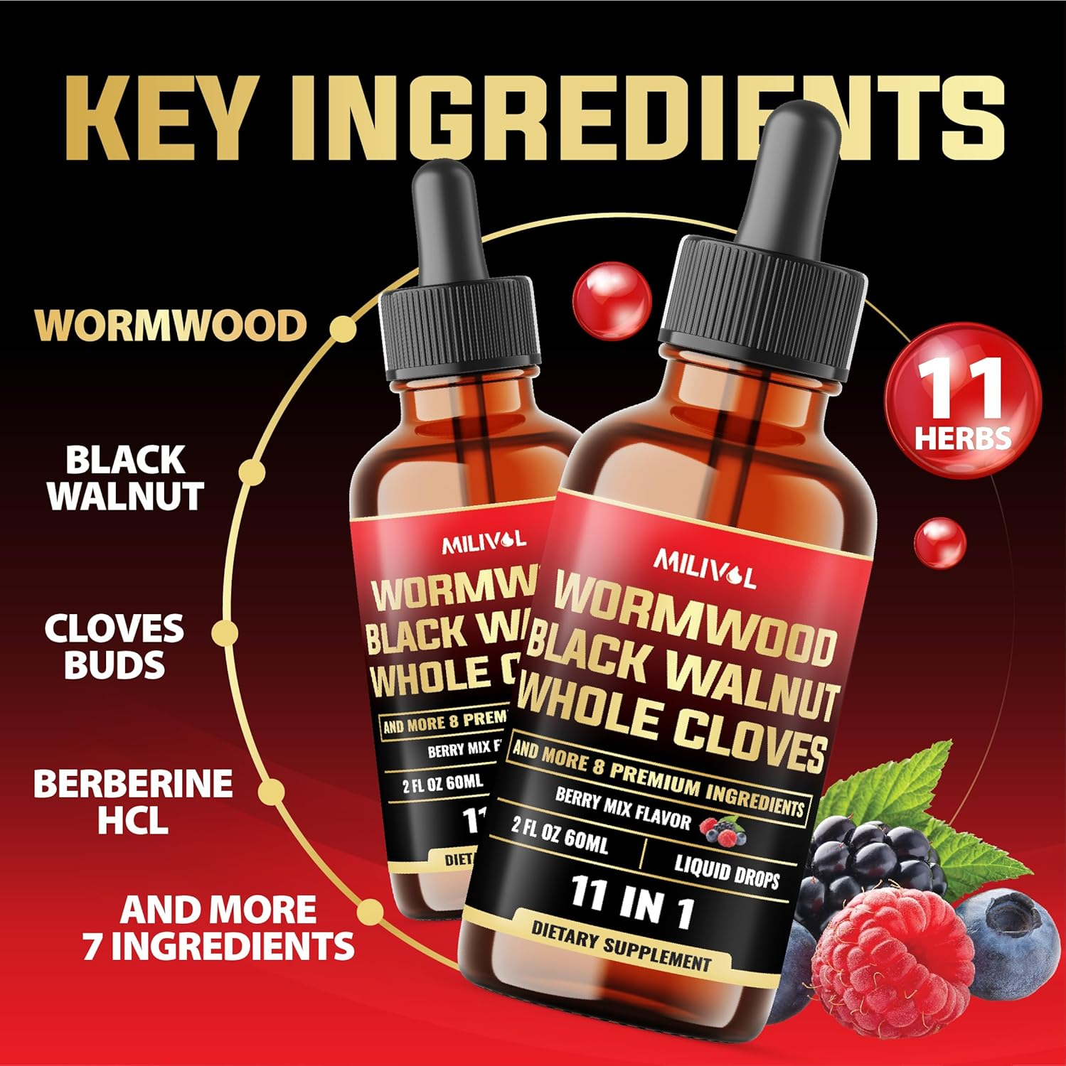 2800Mg 11In1 Black Walnut Wormwood Tincture Extract with Whole Cloves, Berberine and 8 More - Berry Mix Flavor - 2FL Oz - 120 Day Supply image number 3