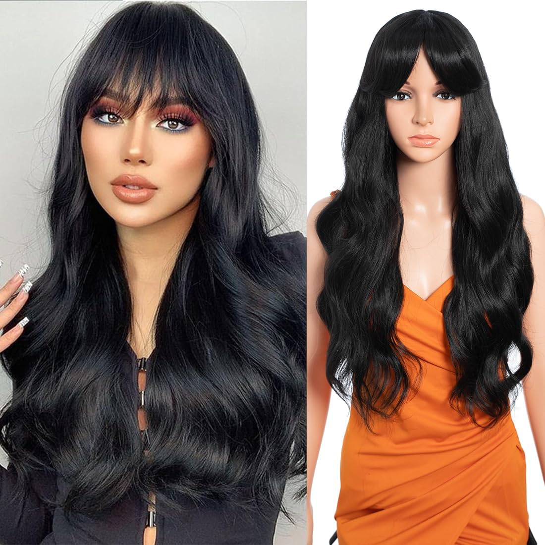 26 Inch Long Wavy Wigs for Women Black Wig with Bangs Ombre Brown Wig with Dark Roots Long Layered Heat Resistant Synthetic Natural Looking Wigs for Daily Party Use (1B) image number 3