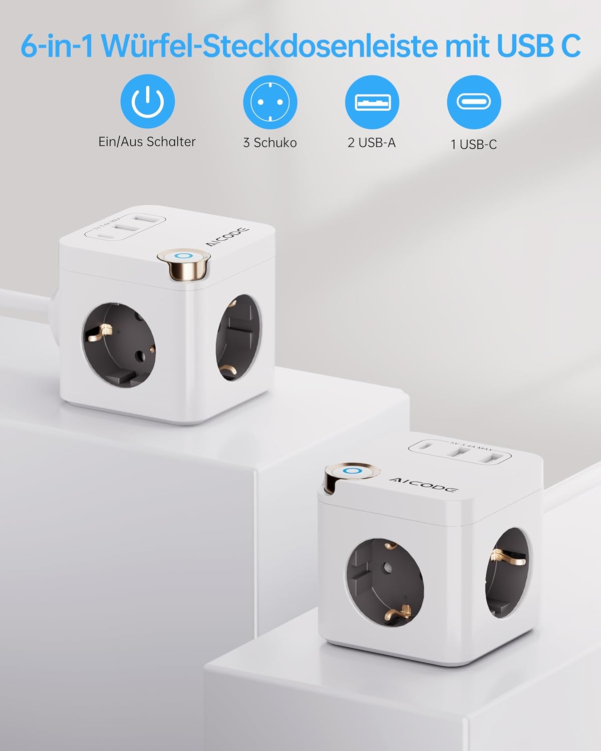 Multiple Socket Cube with USB 3 Way Power Strip with 3 USB (1 Type C) & Switch, 3680 W, 1.5 M Cable - Ideal for Office, Home & Travel, White image number 2