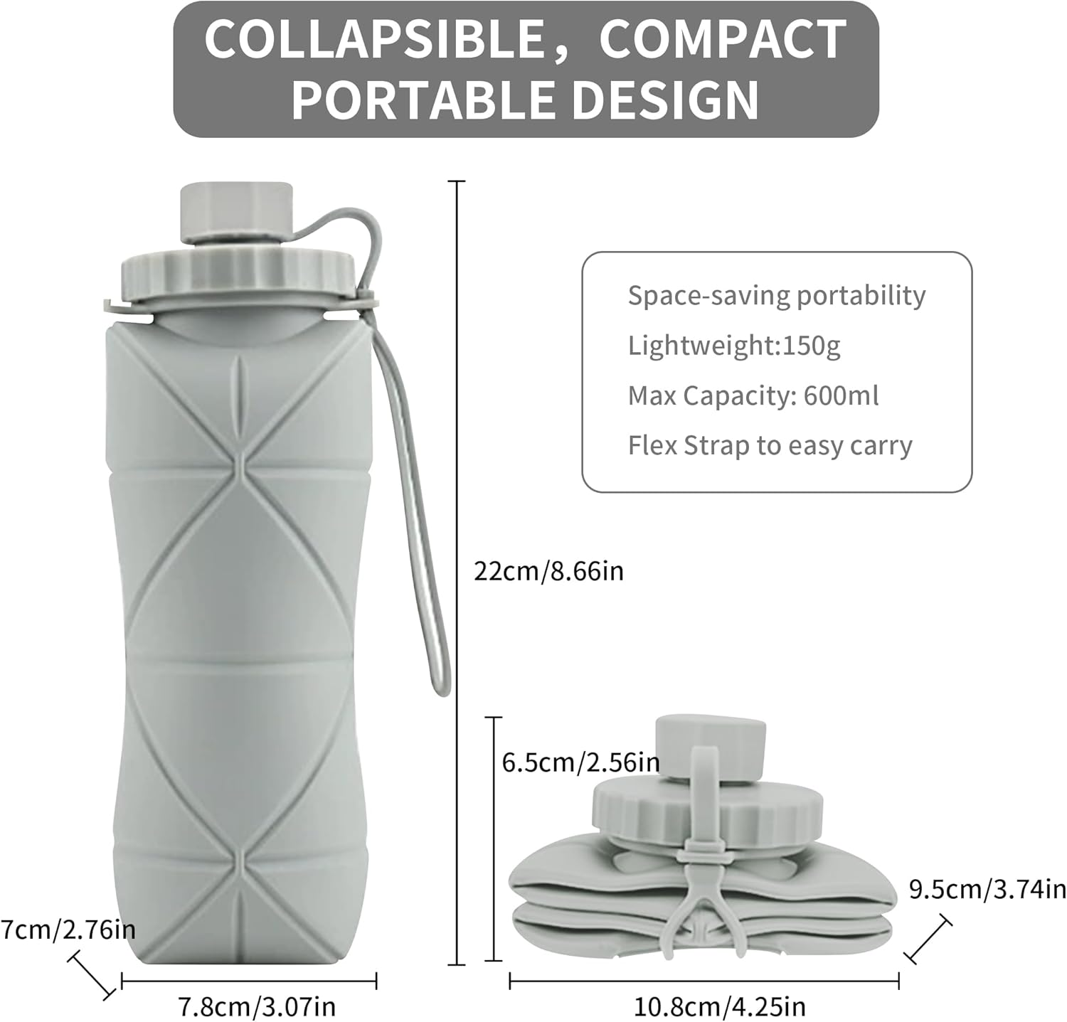 Collapsible Water Bottle 20.3 Oz, Leak Proof Lid Reusable, Bpa-Free Silicone Collapsible Travel Water Bottle for Hiking, Outdoor Sports, Gym, Camping image number 1