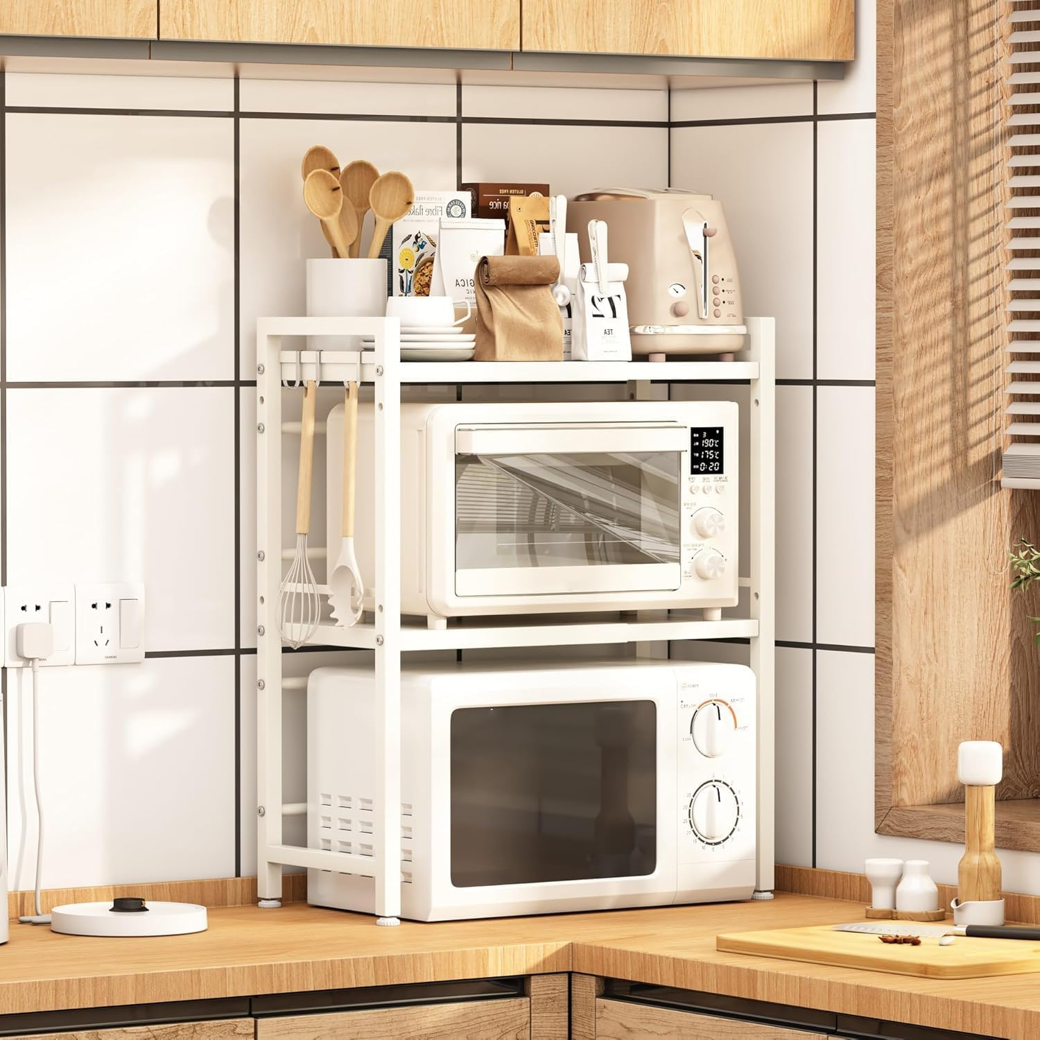 ZAOZAOLLND Microwave Oven Rack,2-Tier Expandable Microwave Stand Countertop Kitchen Utensils Tableware Storage (White, 3 Tier) image number 3