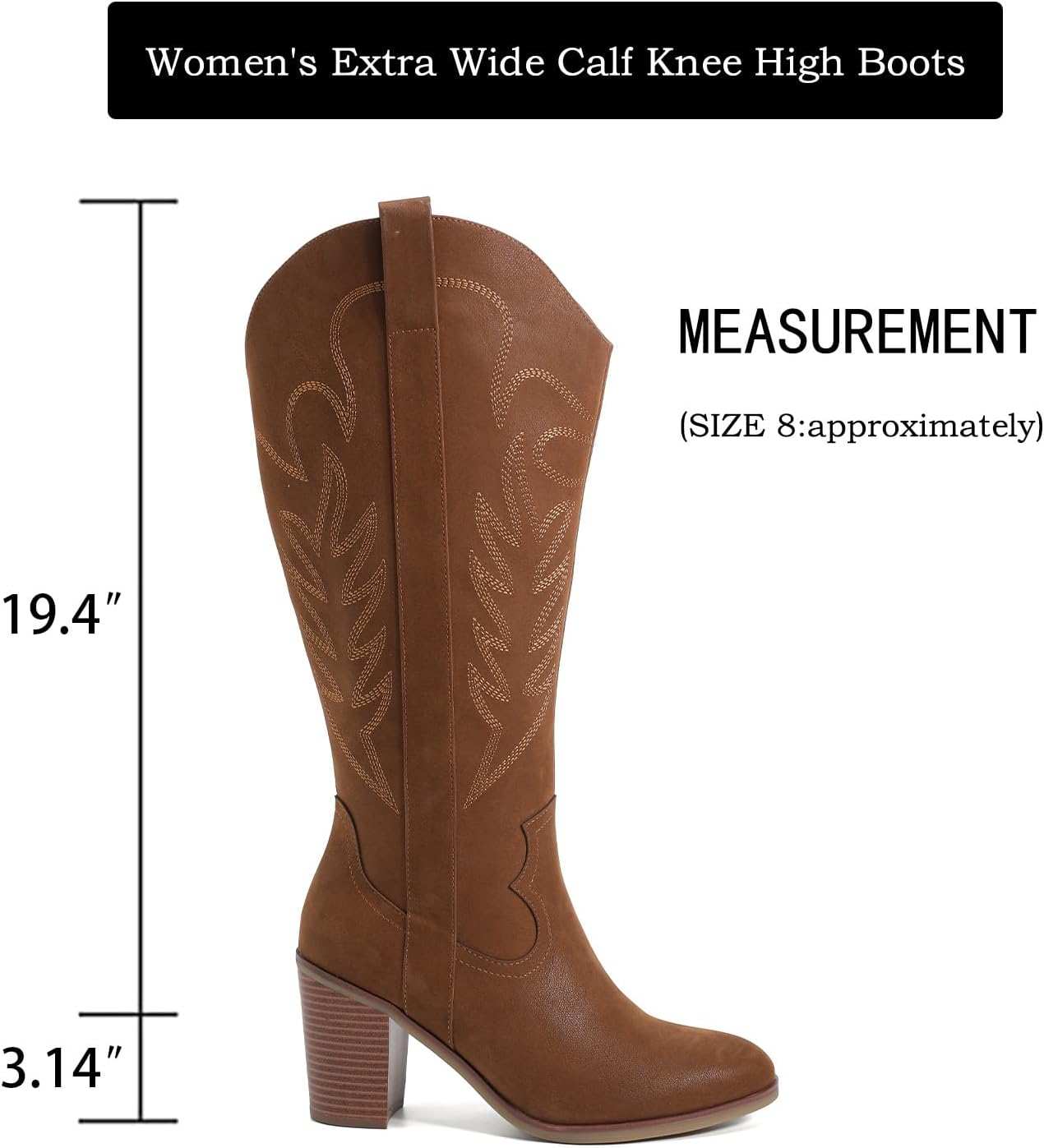 Luoika Women'S Extra Wide Calf Cowboy Knee High Boots，Wide Width Cowgirl Boots Chunky Pump Heel plus Size Western Tall Boots. image number 5