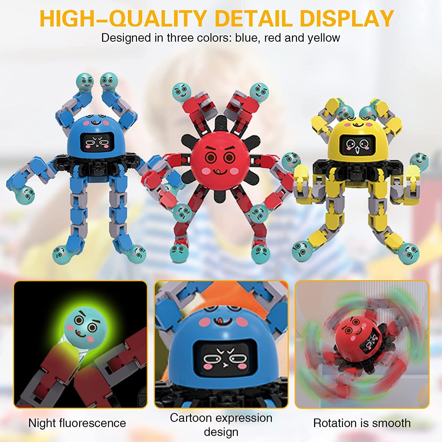Transformable Fidget Spinner Toys, 3 Pack Fun Cartoon Face Swap Fingertip Spinner, Glow in the Dark, Deformable DIY Mechanical Chain Robot Fingertip Gyros, Decompression Gifts for Kids and Adults image number 4