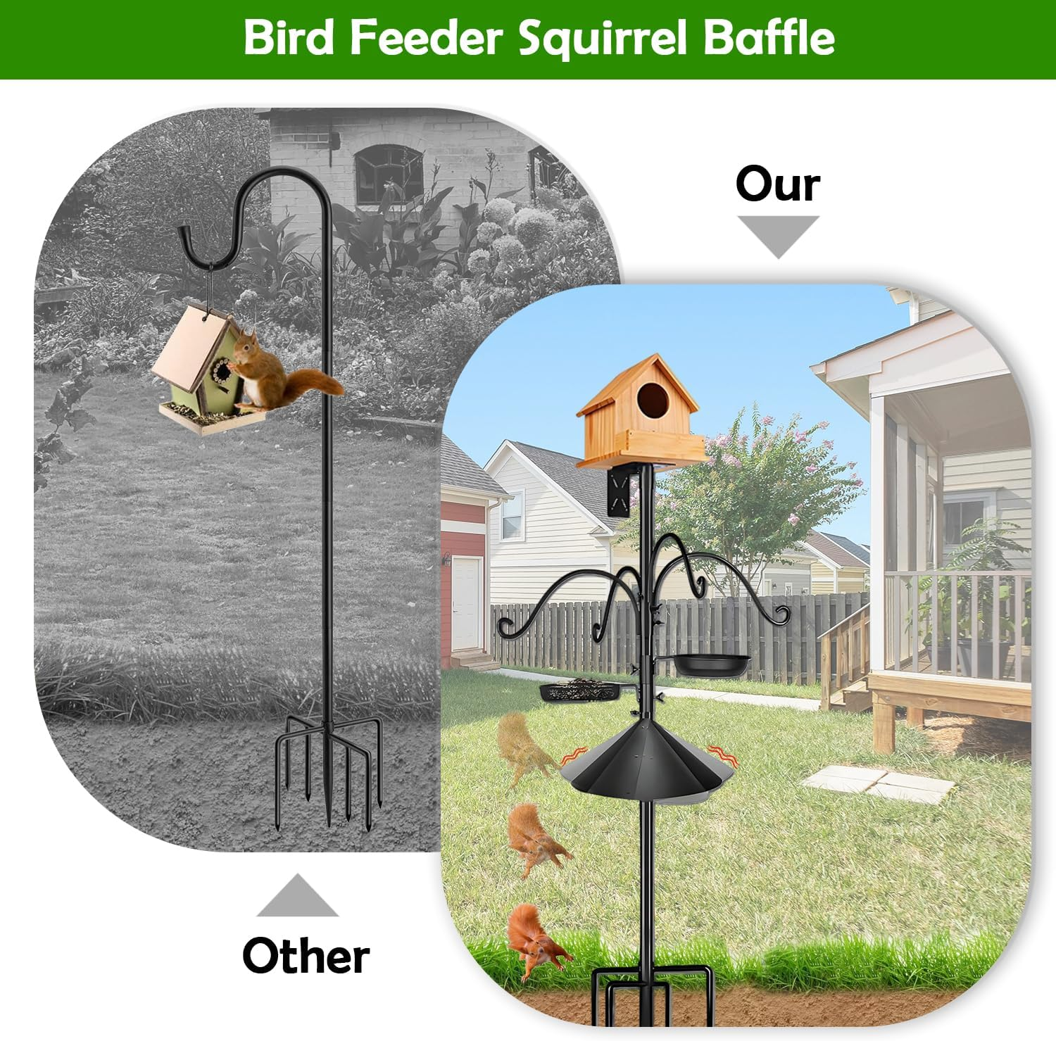92" Squirrel Resistant Feeder Pole & Birdhouse Pole - Heavy Duty Bird Feeding Station with Metal Baffle, Hooks & Water Dish image number 6