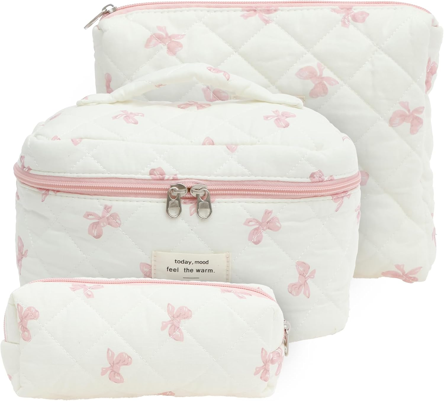 3 Pcs Makeup Bag Cosmetic Bag Cute Cotton Large Quilted Travel Makeup Pouch Multifunctional Cosmetic Pouch Set for Women Girls Ladies (Pink)