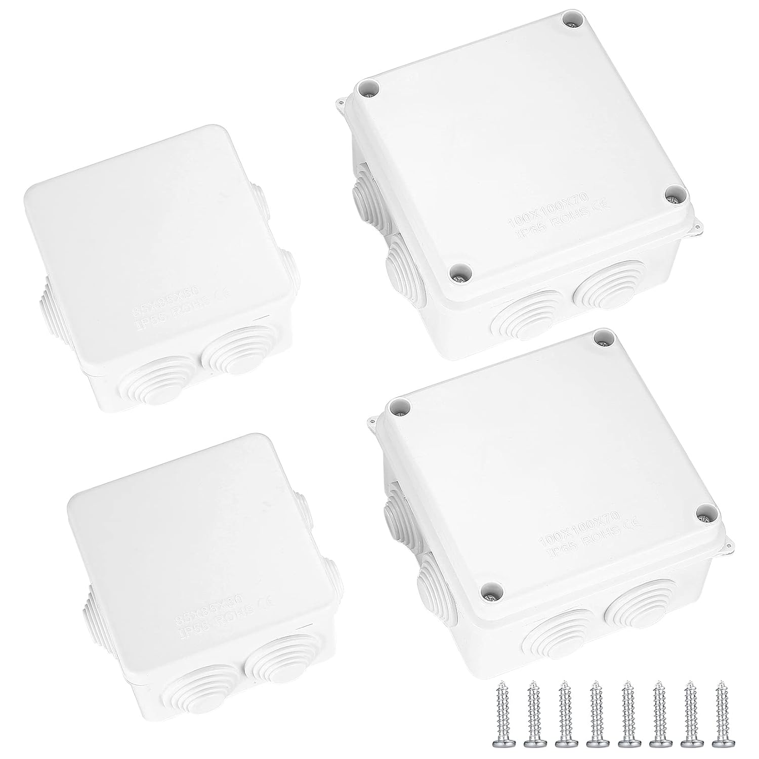 4 Pcs Junction Boxes IP65/IP55 Waterproof, White ABS Plastic Dustproof Electrical Project Enclosure Boxes, Universal Outdoor Electrical Boxes Cable Connectors for Electronics Cables, 2 Sizes