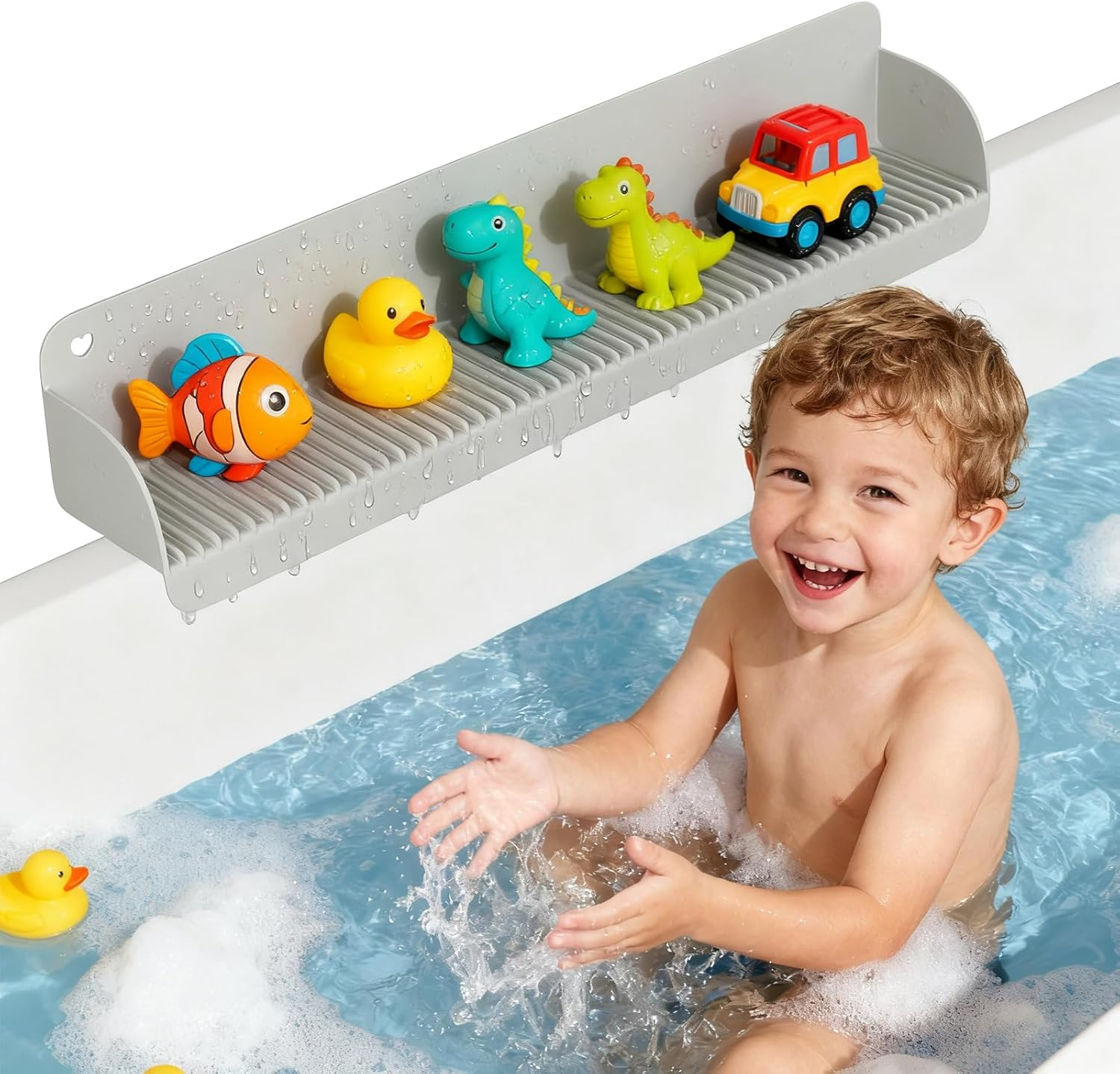 Duseu 1.96-Ft Bathtub Splash Guard, Silicone Bath Tub Tray for Kids, Bathtub Shelf Toy Holder with 10 Strong Suction Cups, No Water Spills in Bathroom & Kitchen Sink, Easy Clean & Fold, Grey