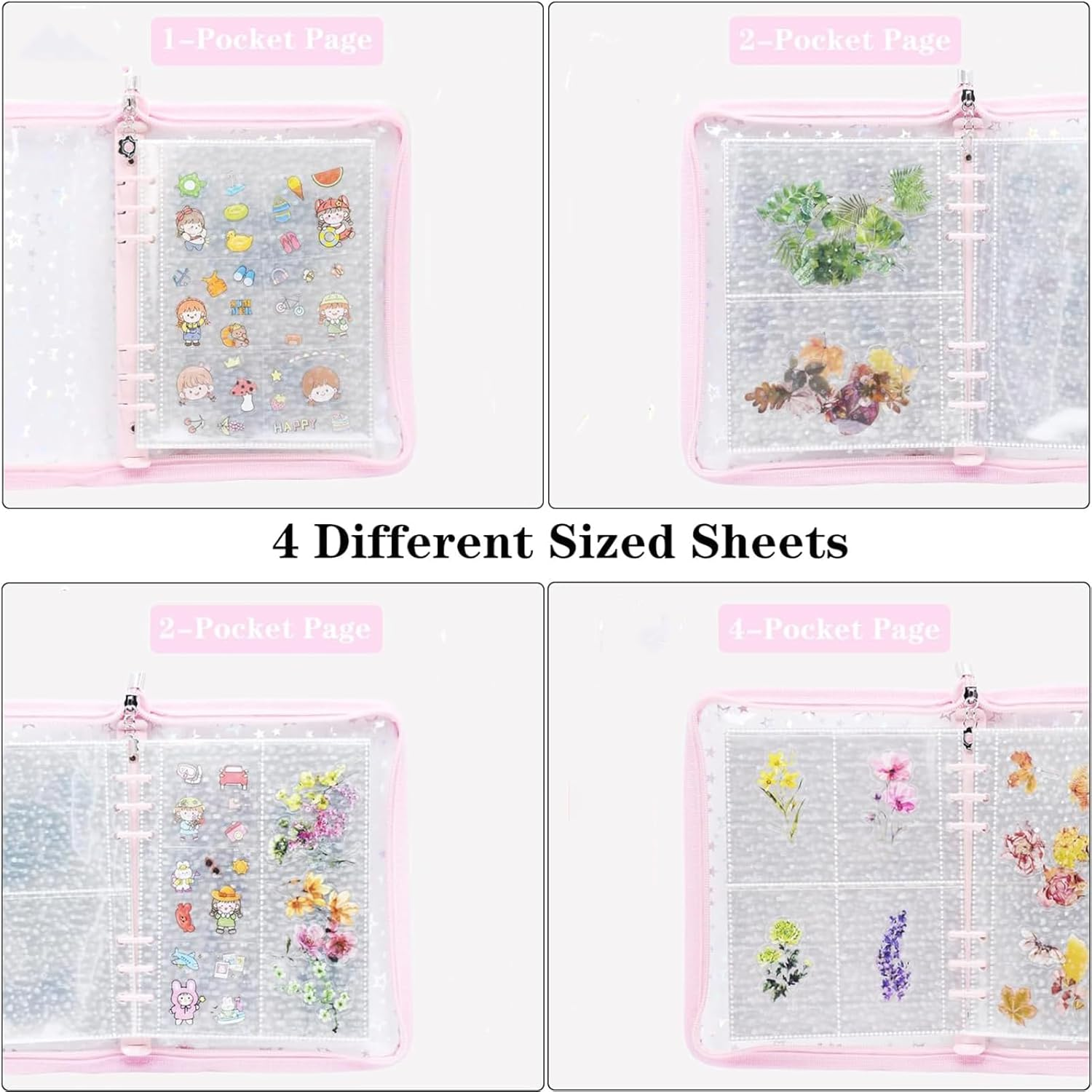 Transparent Zipper Sticker Storage Organizer Binder Album, 90 Pockets for Jewelry, Scrapbook & Collecting Stickers (Pink)