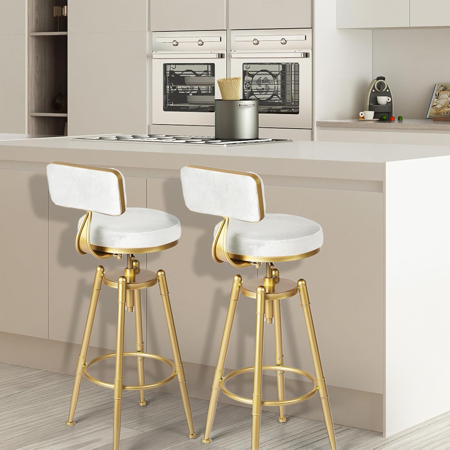 LEVEDE 2X Bar Stools Height Adjustable, 360&deg; Swivel Bar Chairs with Backrest and Footrest, Velvet Seat Kitchen Counter Stools for Home Bar, Dining Room, Cafe, 150Kg Capacity (White) - White image number 3