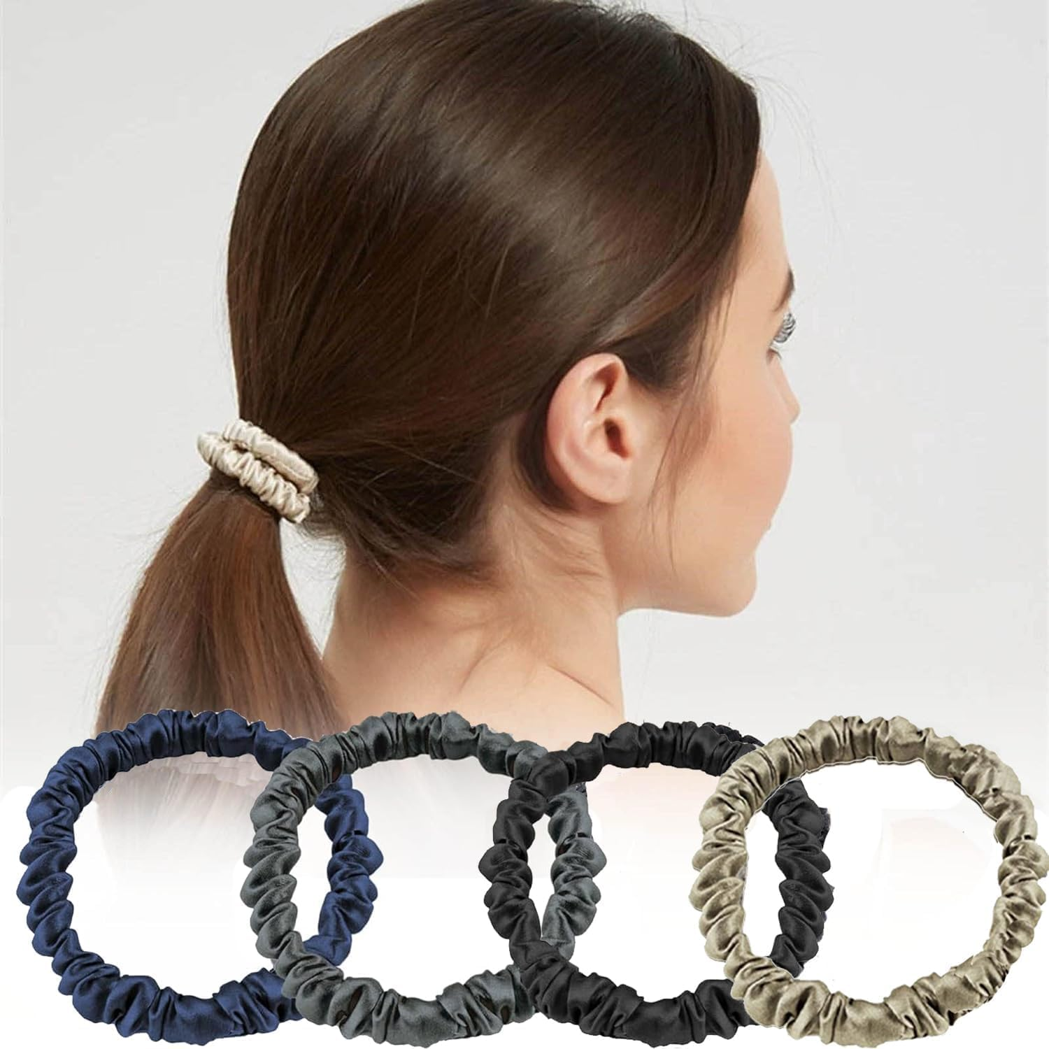 4 Pcs Silk Scrunchie, Betterjonny 100% Pure Mulberry Silk Hair Ties Hair Bands Silk Hair Ties No Damage Skinny Scrunchies for Women,Girls,Everyday Hair Ties
