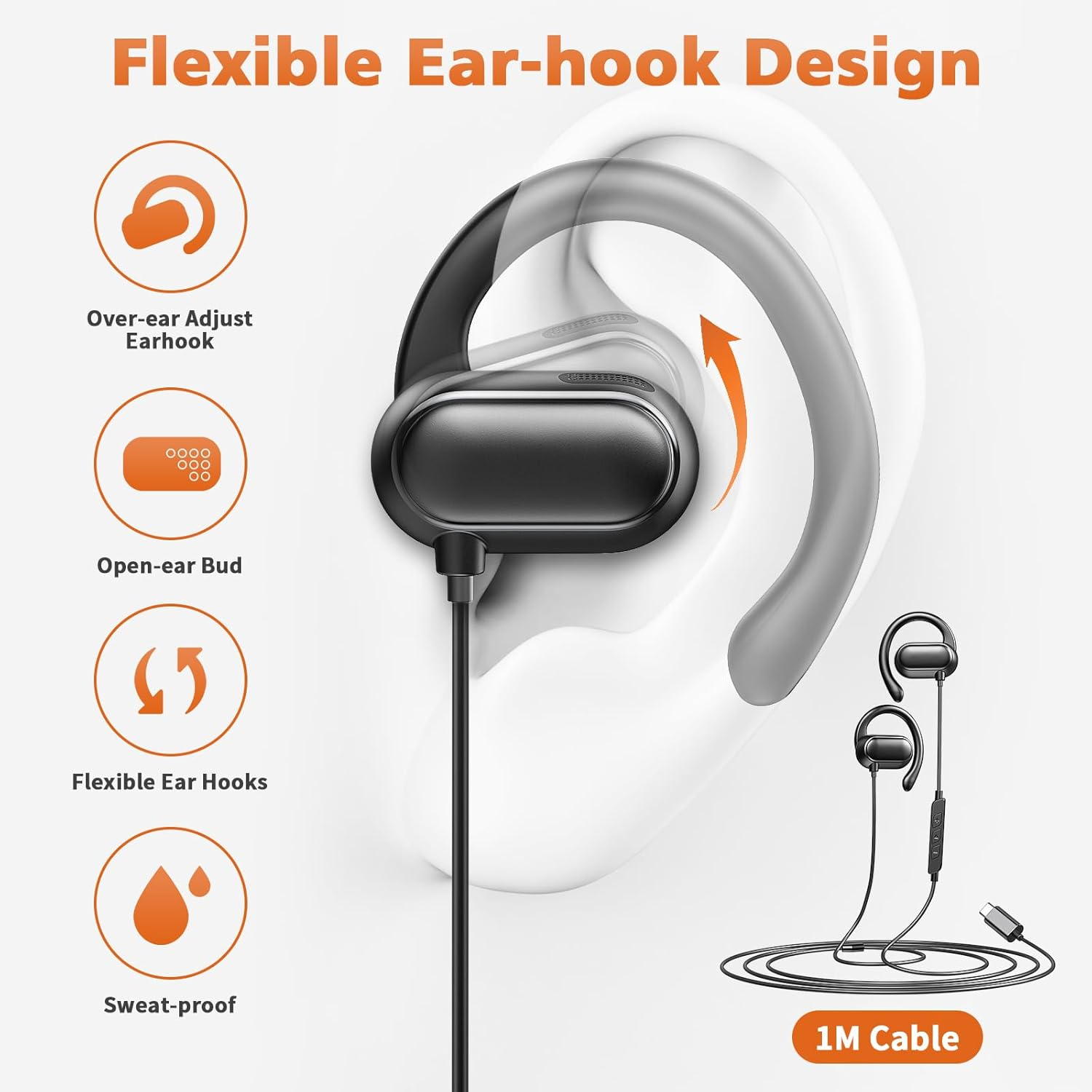 USB C Earbuds over Ear Headphones for Google Pixel 8 Pro 7 6A Iphone 15 plus Samsung S24 Ultra S23+ Open Ear Headset Wired Type USB-C Sport Earphone with Microphone Volume Control Rotatable Earhook image number 6