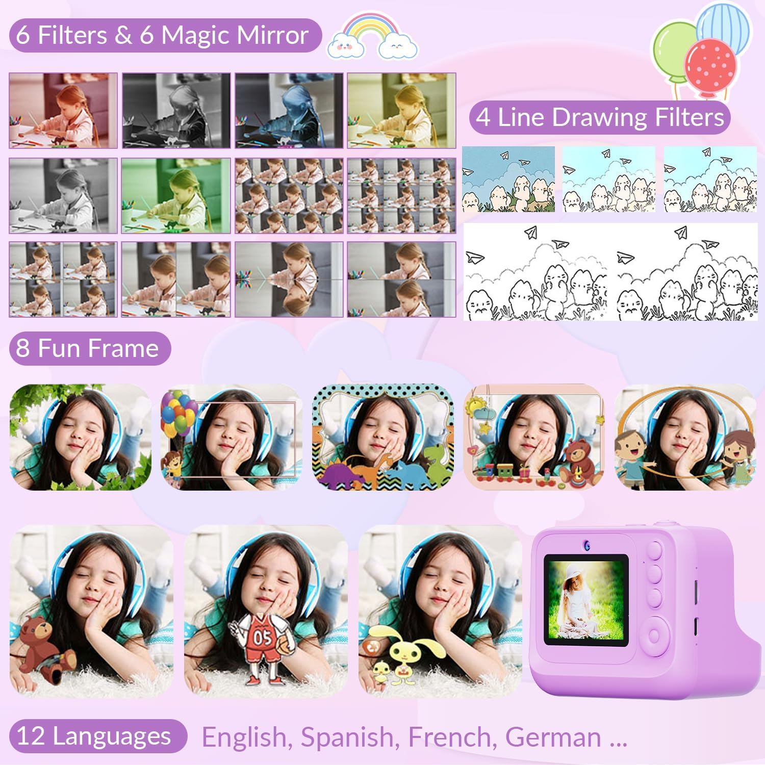 Slowton Instant Print Camera for Kids, 1080P 2.4 Inch Screen Kids Instant Cameras with 32GB TF Card and Flash Lights, Portable HD Kids Digital Video Cameras Toddler Camera Toys for Girls Boys Age 3-12 image number 5