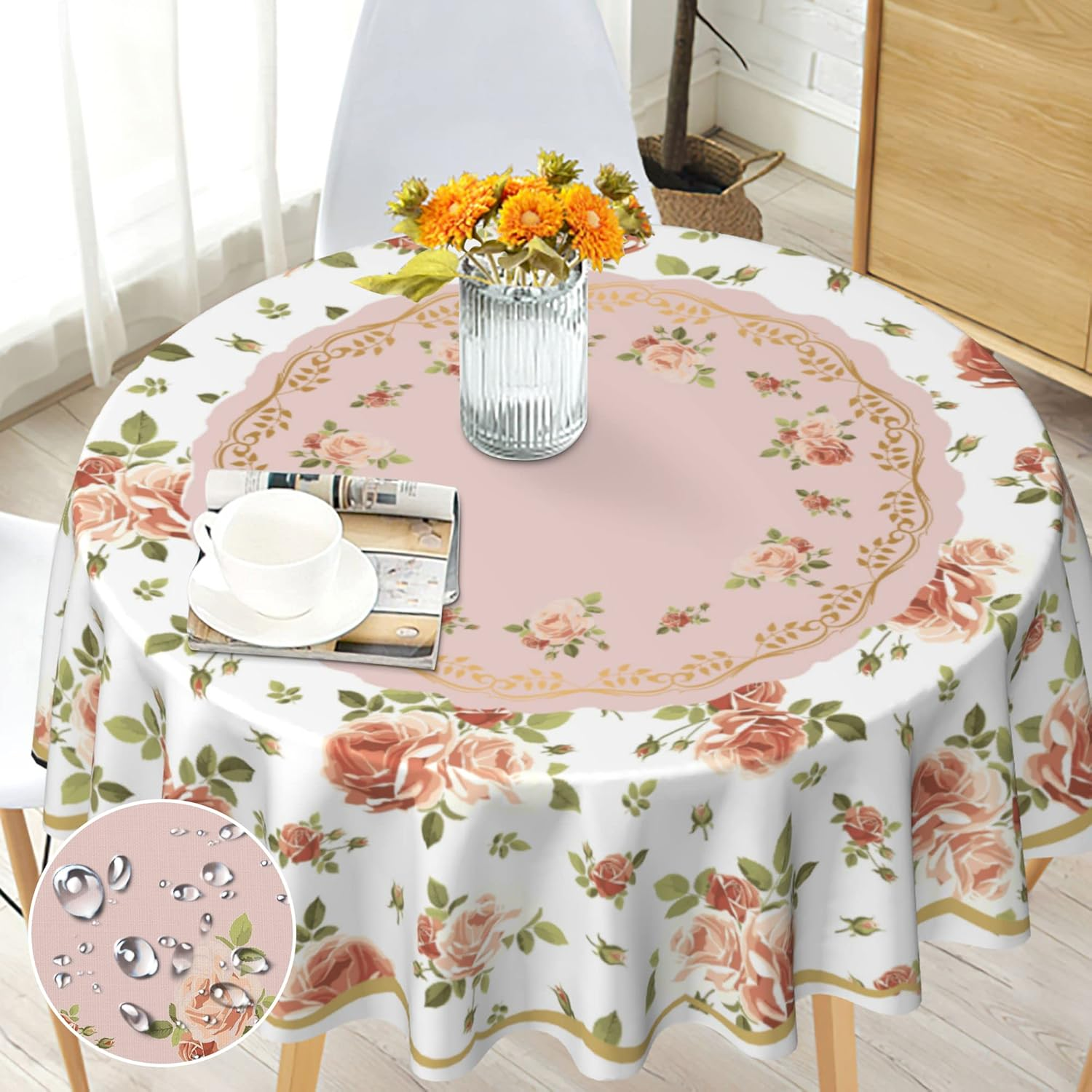 Round Tablecloth 60 Inch, Floral round Table Cloth, Stain Resistance, Water Repellent and Wrinkle-Free, Colorful Flower Circle Tablecloth for Home Kitchen Dining Party Patio Indoor and Outdoor Use