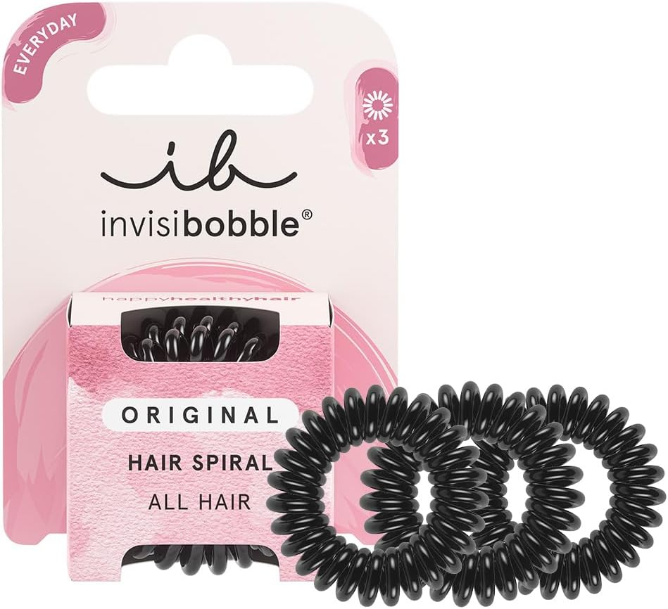 Invisibobble Original Hair Scrunchie True Black I 3 X Spiral Hair Bobbles Black for Girls, Women and Men I Strong Hold & Gentle on Hair I the Original, Designed in the Heart of Munich
