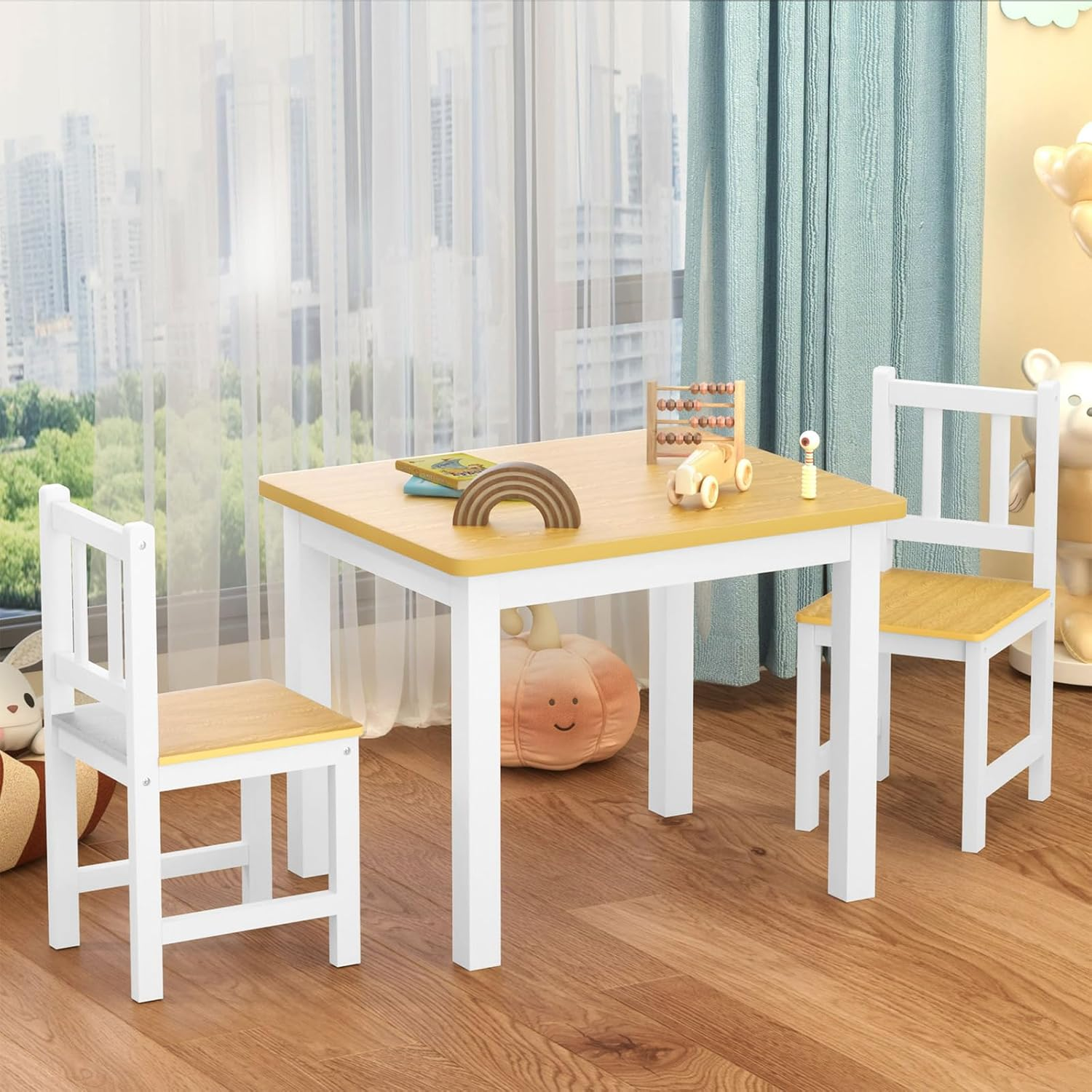 Bopeep Kids Table and 2 Chairs Set, Pine Wooden Study Play Desk Children Activity, Reading, Arts, Crafts, Snack Time, Homework, Playroom, Furniture Set for Daycare Playroom, Boys & Girls, 3 Pieces Set image number 4