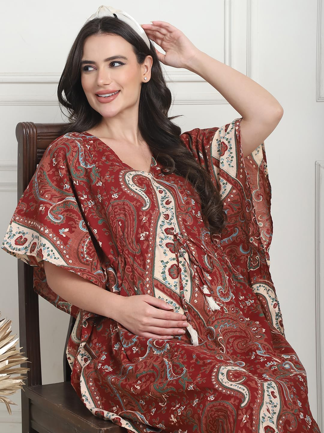 Secret Wish Printed Cotton Maternity Kaftan Full Length/Nighty/Free Size/Feeding/Nursing/Zipper/Drawstring image number 5