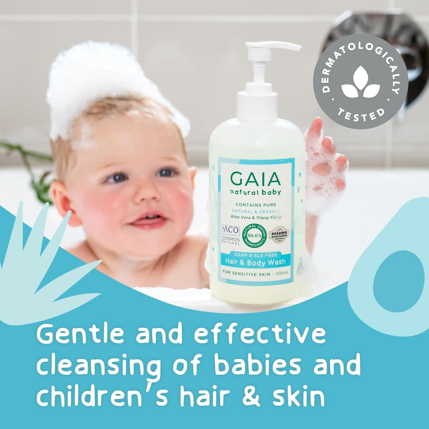 GAIA Natural Baby Hair & Body Wash | Certified Natural | Suitable for Newborns | Sensitive Skin Formula | Organic Aloe Vera | Soap Free | Perfume Free | Gentle Baby Wash | Australian Made | 500Ml image number 3