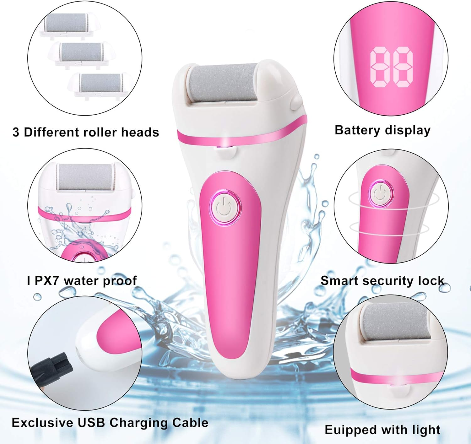 SIHOHAN Electric Callus Remover for Feet, 12 in 1 Pedicure Tools Kit, Rechargeable, Waterproof, 2 Speeds, 3 Roller Heads, Battery Display image number 3