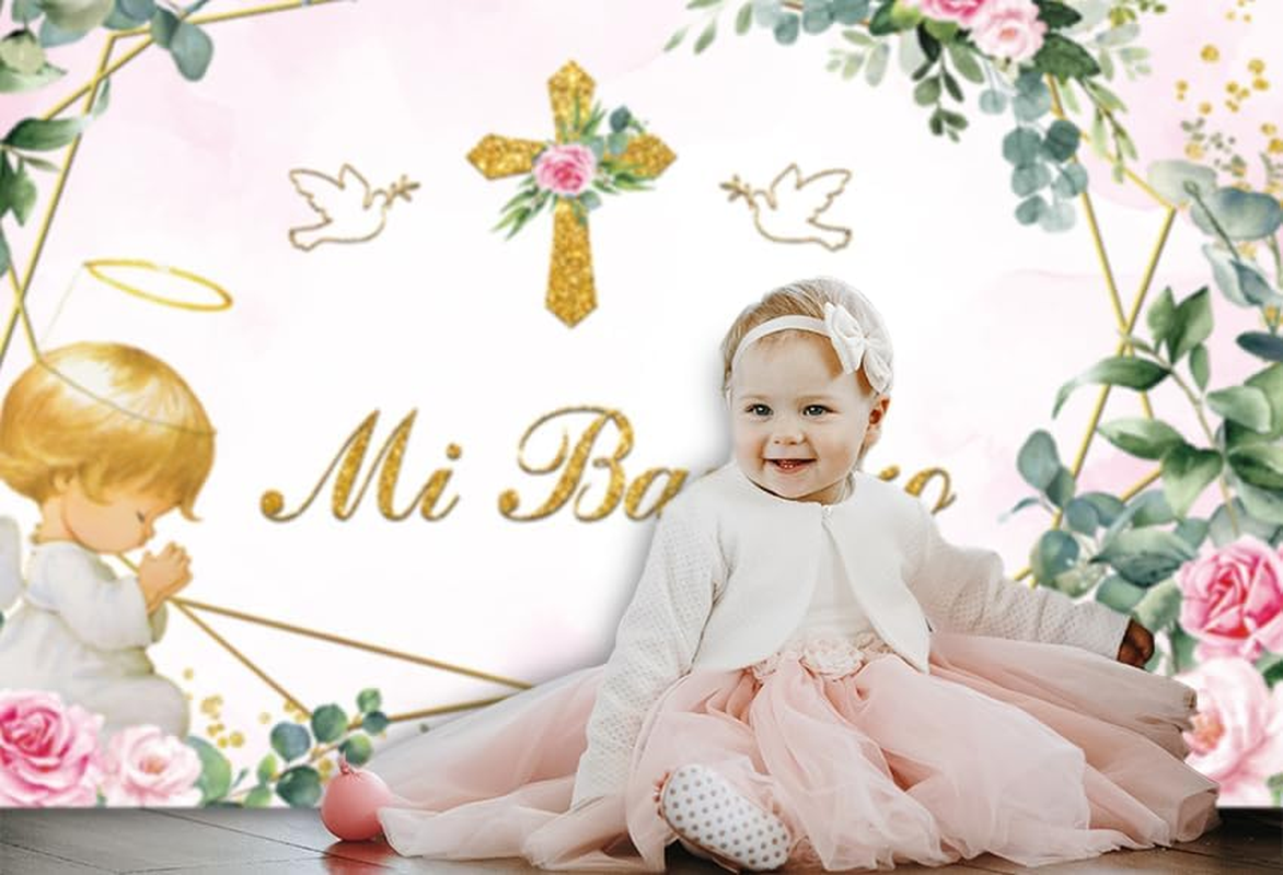 MEHOFOND 2.1 X 1.5 M Pink Girl Christening Background Angel Baby My Communion Cross Photography Background Dove Communion Church Christening Party Decoration Banner Studio Supplies