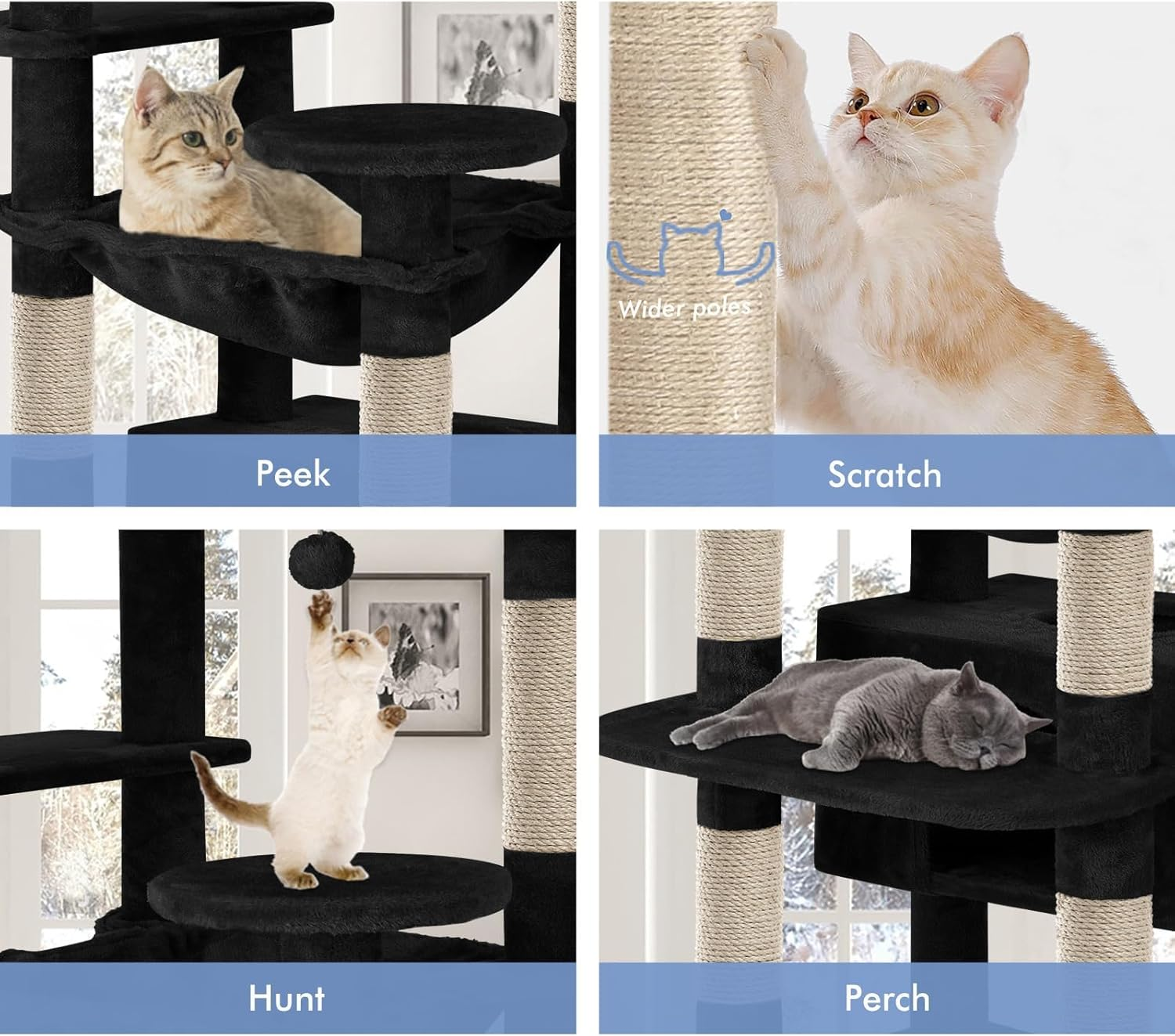 BEASTIE Cat Tree Play Tower 184Cm Tall, Multi-Level Kittens Scratching Post Tower with Scratching Pad, Multi-Story Pet Dens Condo Wood House Furniture with Sisal Scratcher Poles for Kitty, Black image number 4